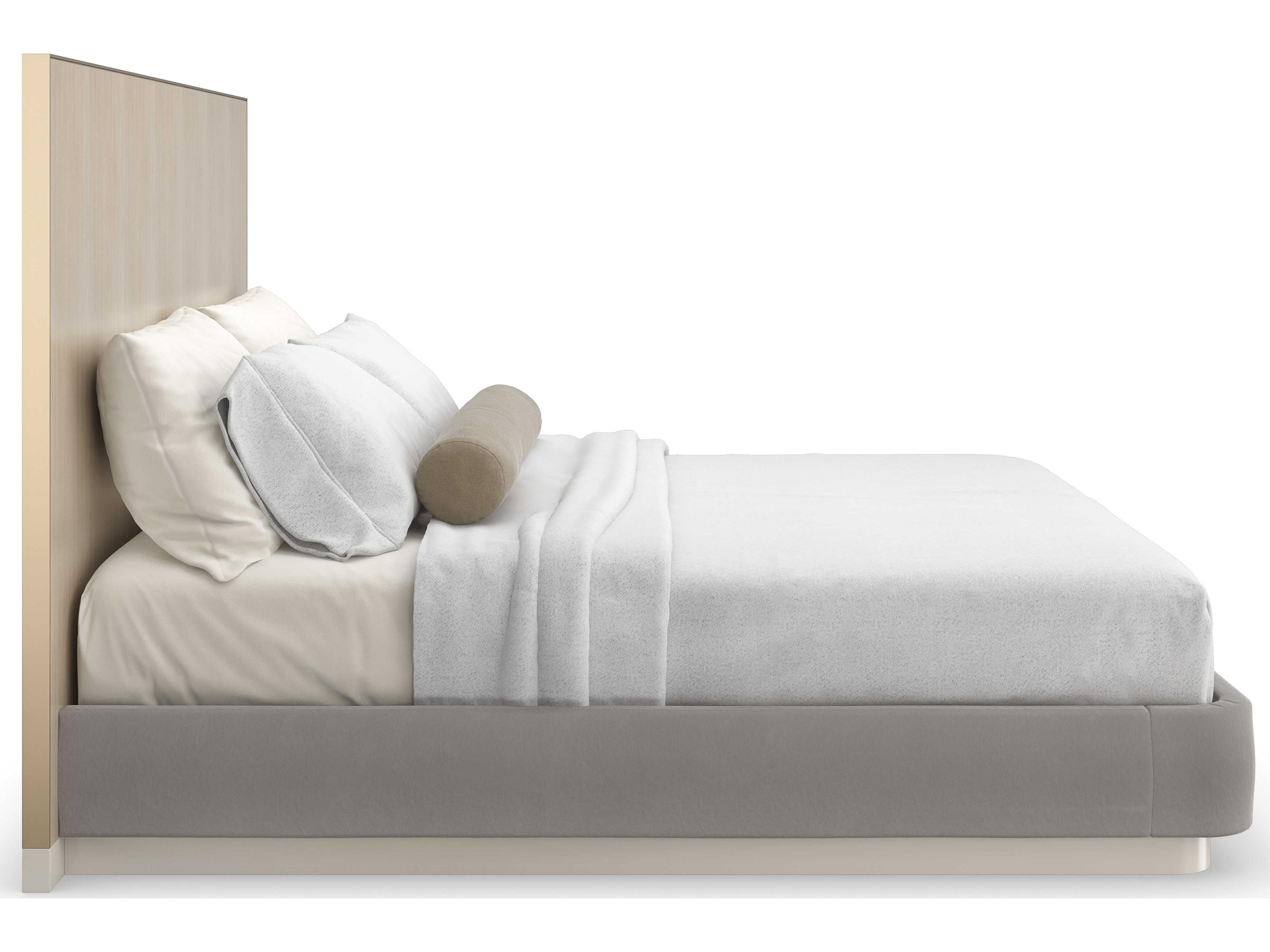 Caracole Classic Dream Chaser Dry Martini Cloud Brushed Gold Natural Poplar Wood Upholstered King Platform Bed