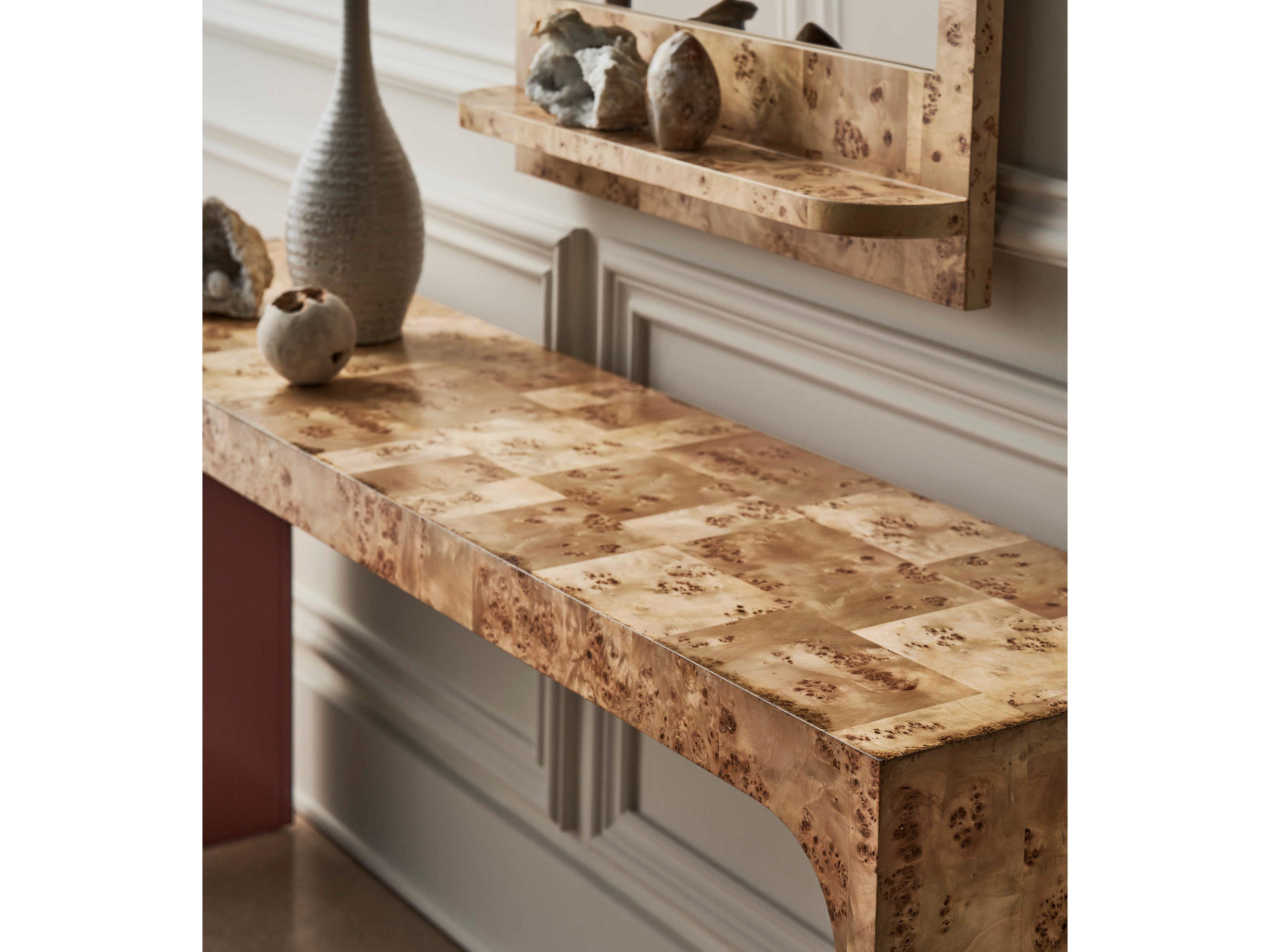 Caracole Classic Cabaret Rectangular Wood Mappa Burl Rouge Red Console Table