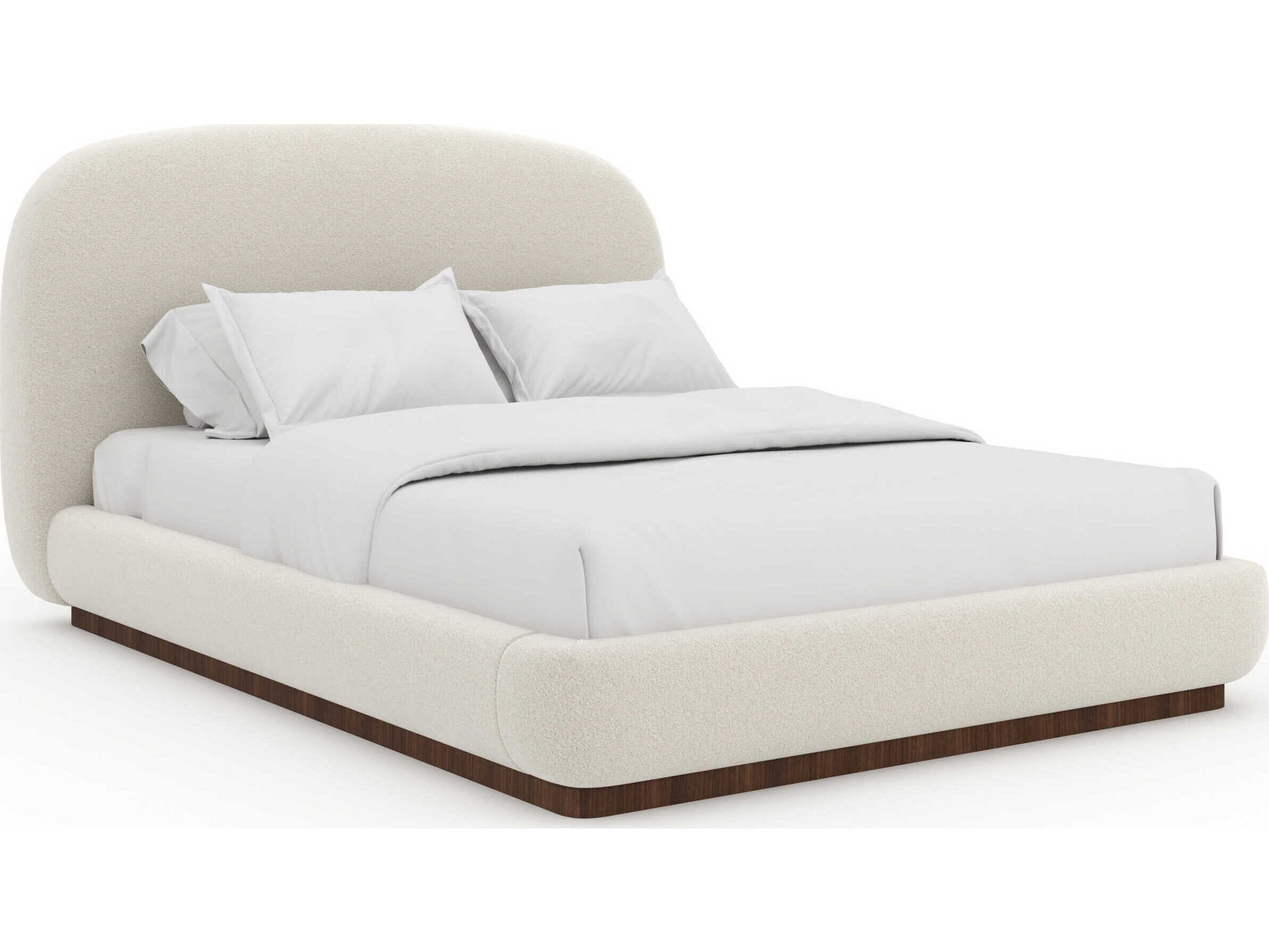 Caracole Botero Retro Walnut White Wood Upholstered Queen Platform Bed