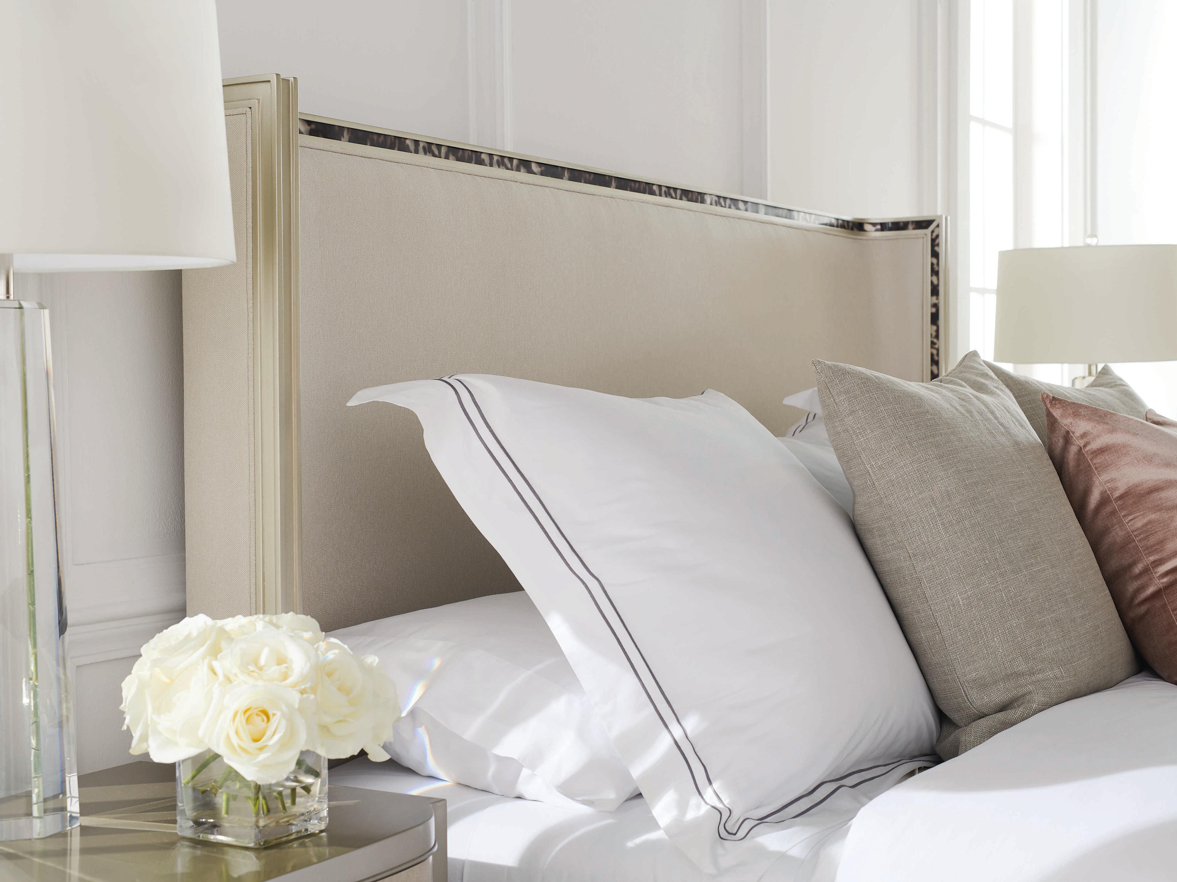 Caracole Classic Dream Big Soft Silver Paint White Upholstered King Platform Bed