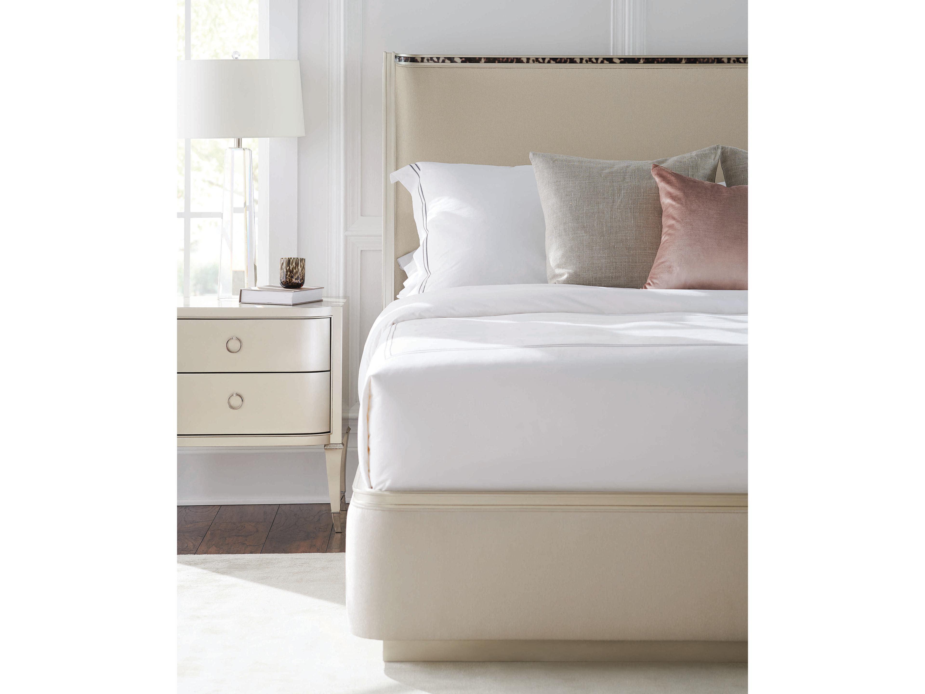 Caracole Classic Dream Big Soft Silver Paint White Upholstered King Platform Bed