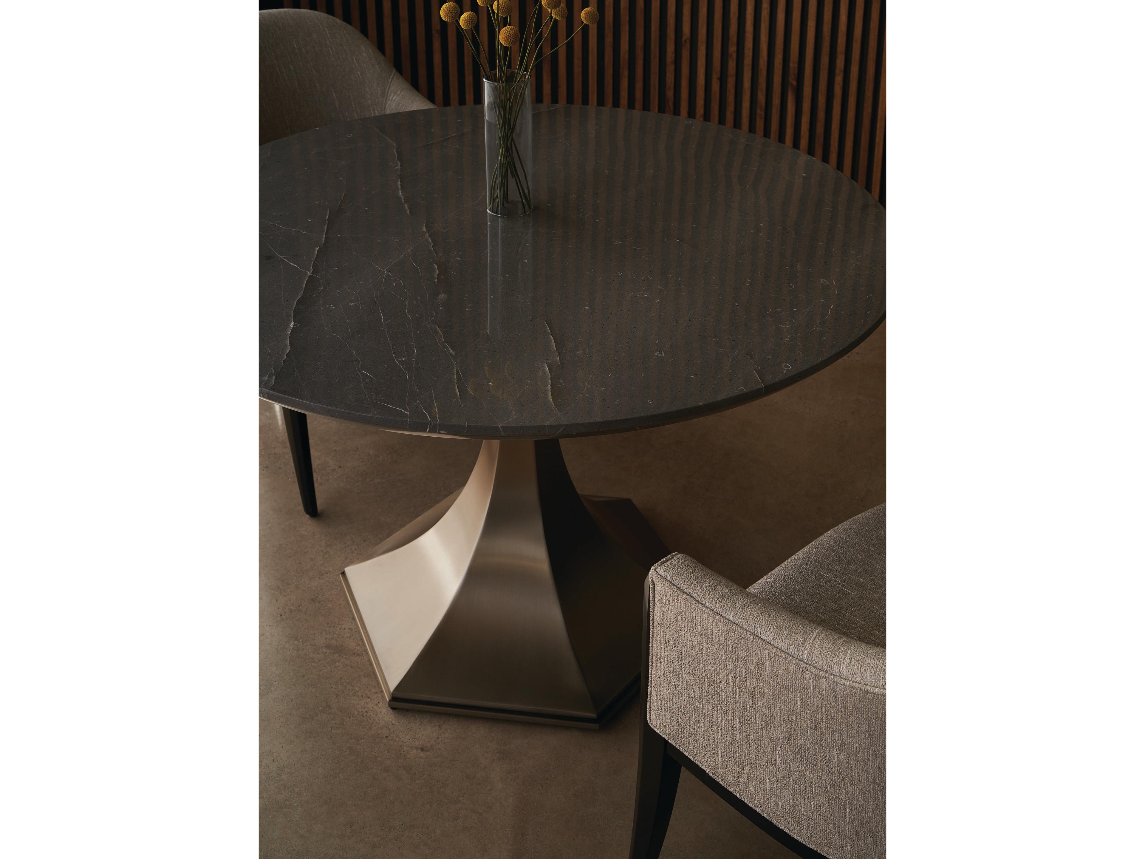 Caracole Classic Top Brass Round Marble Afterglow Brushed Antique Brass Dining Table