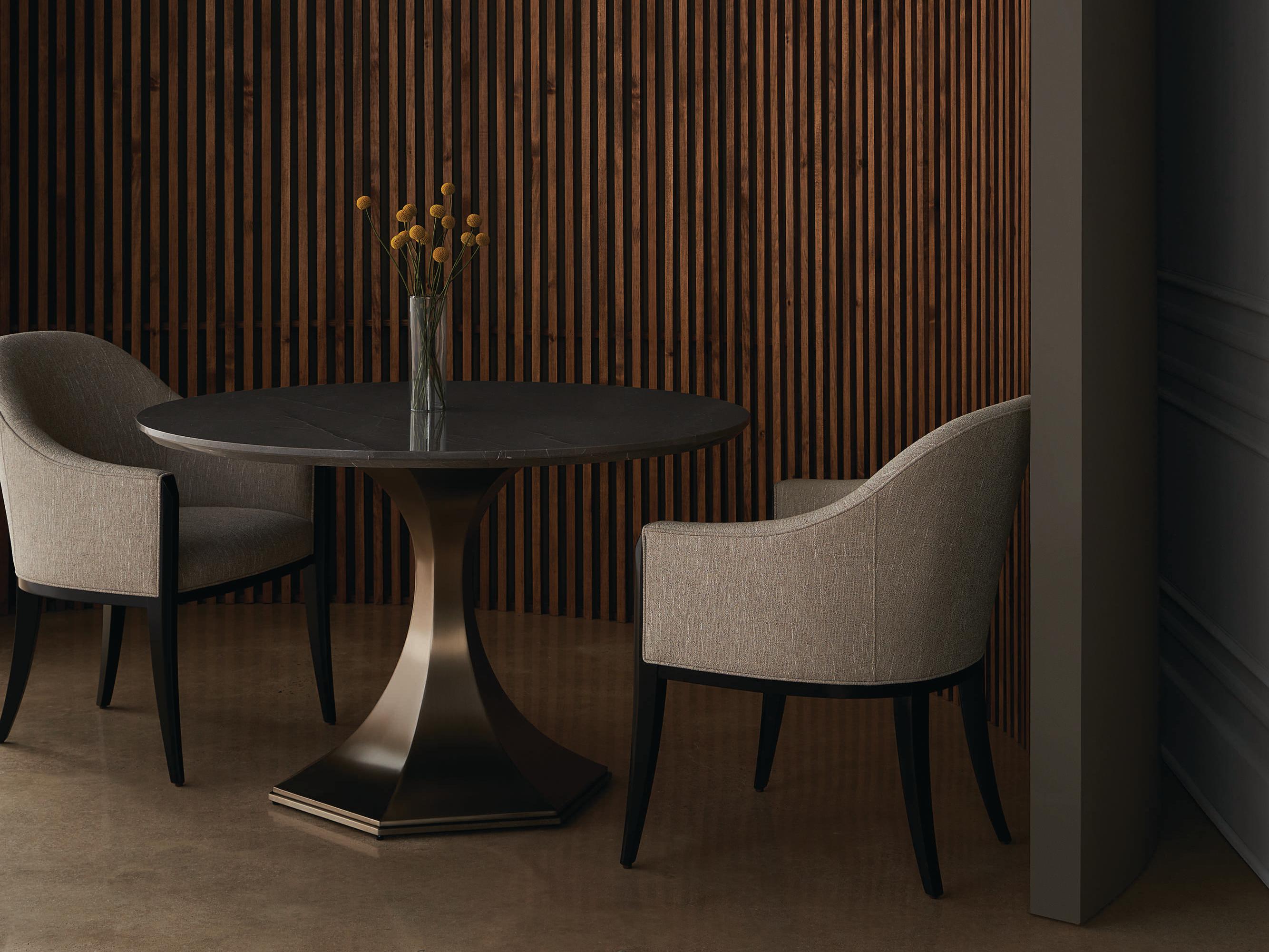 Caracole Classic Top Brass Round Marble Afterglow Brushed Antique Brass Dining Table