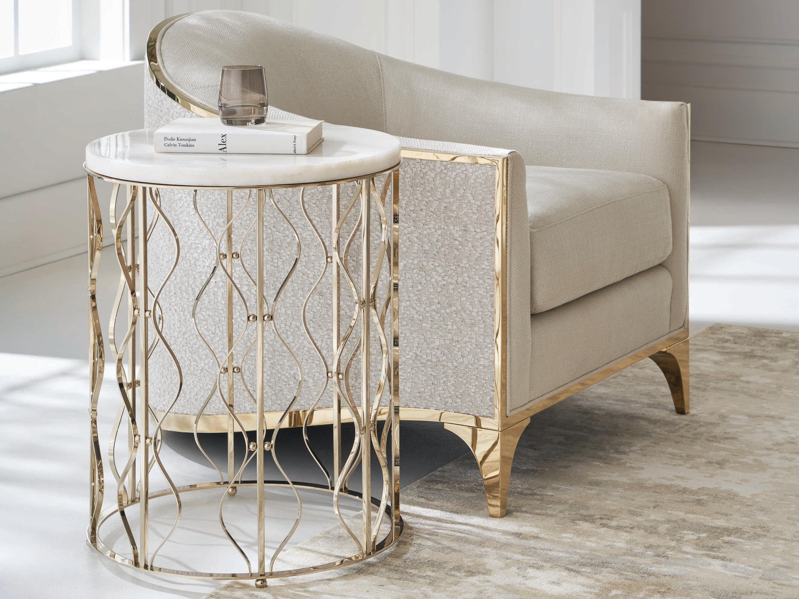 Caracole Classic Style Spotter Round Marble Whisper Of Gold End Table