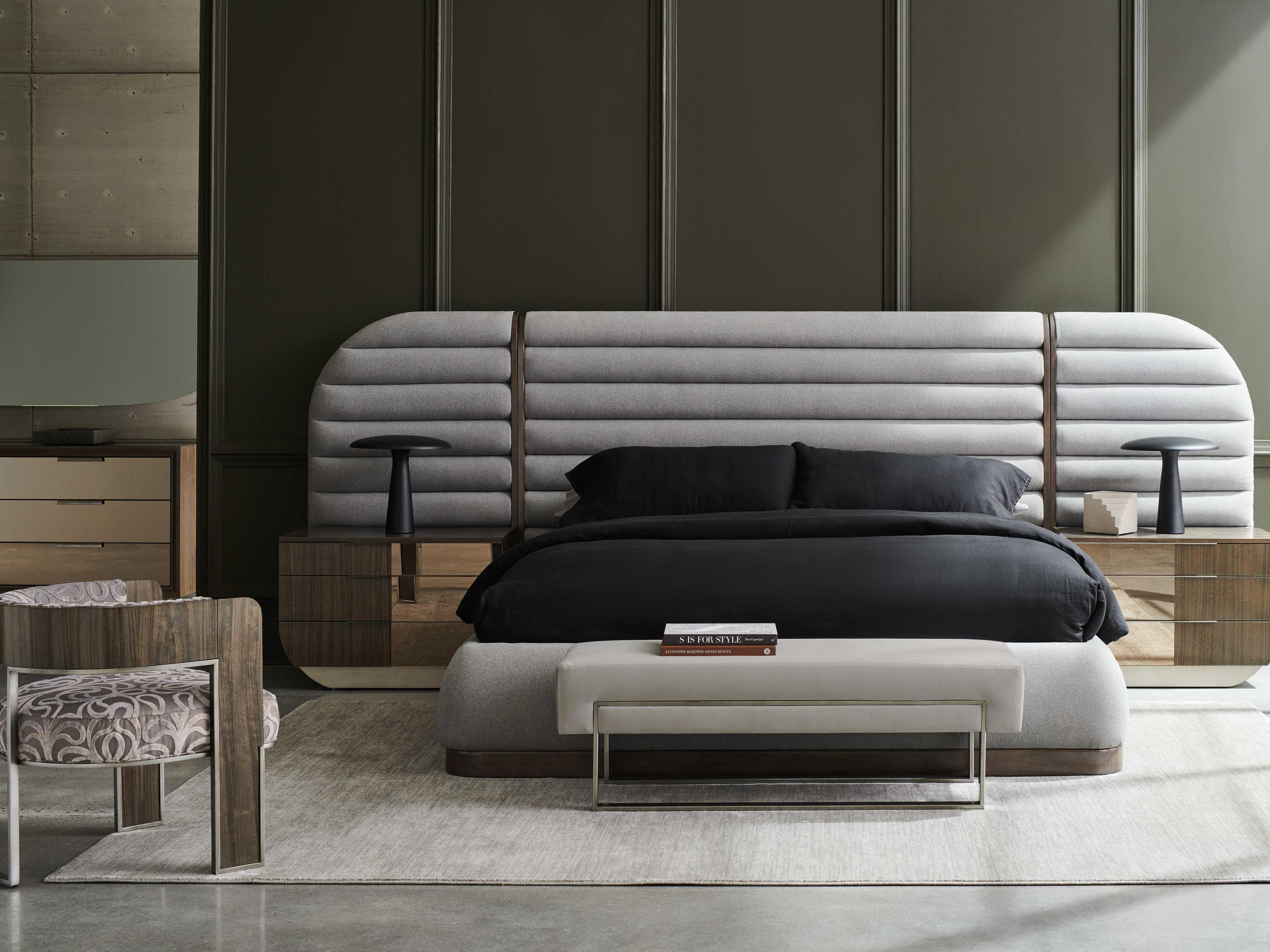 Caracole La Moda Smoked Stainless Steel Gray Upholstered Accent Bench