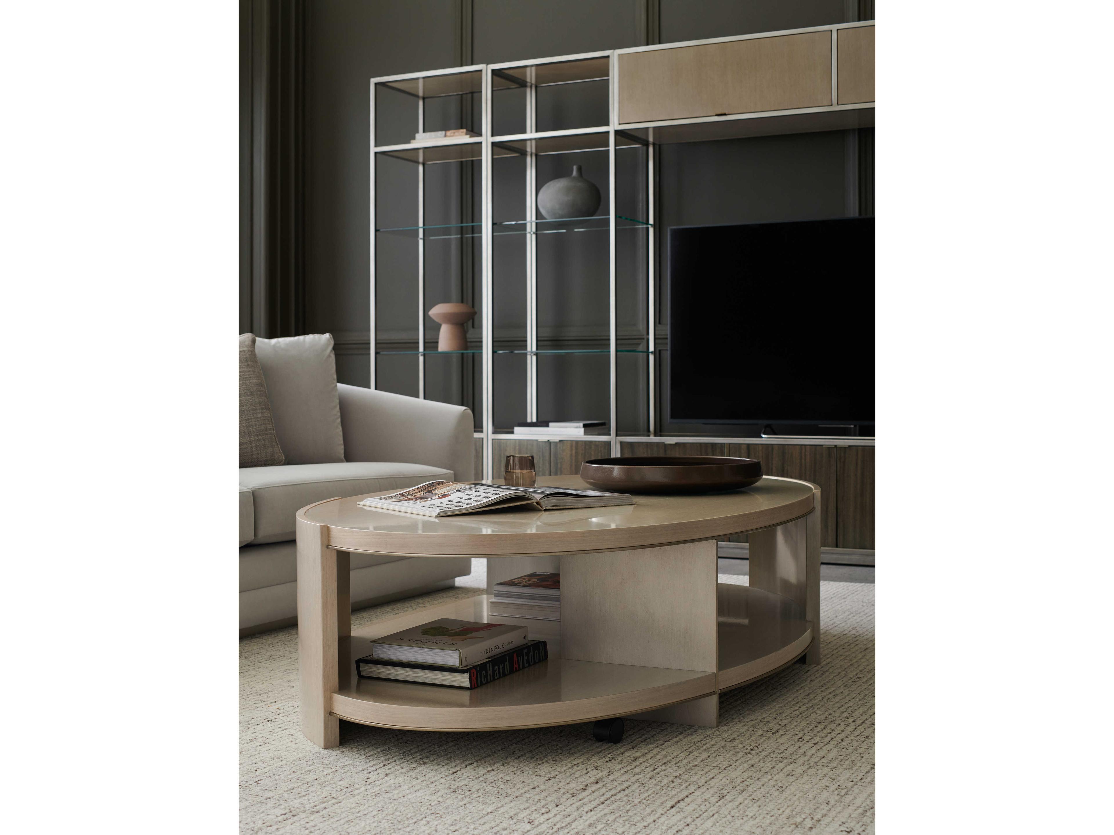 Caracole La Moda Da Vita 69" Oval Wood Thunder Smoked Stainless Steel Paint Coffee Table