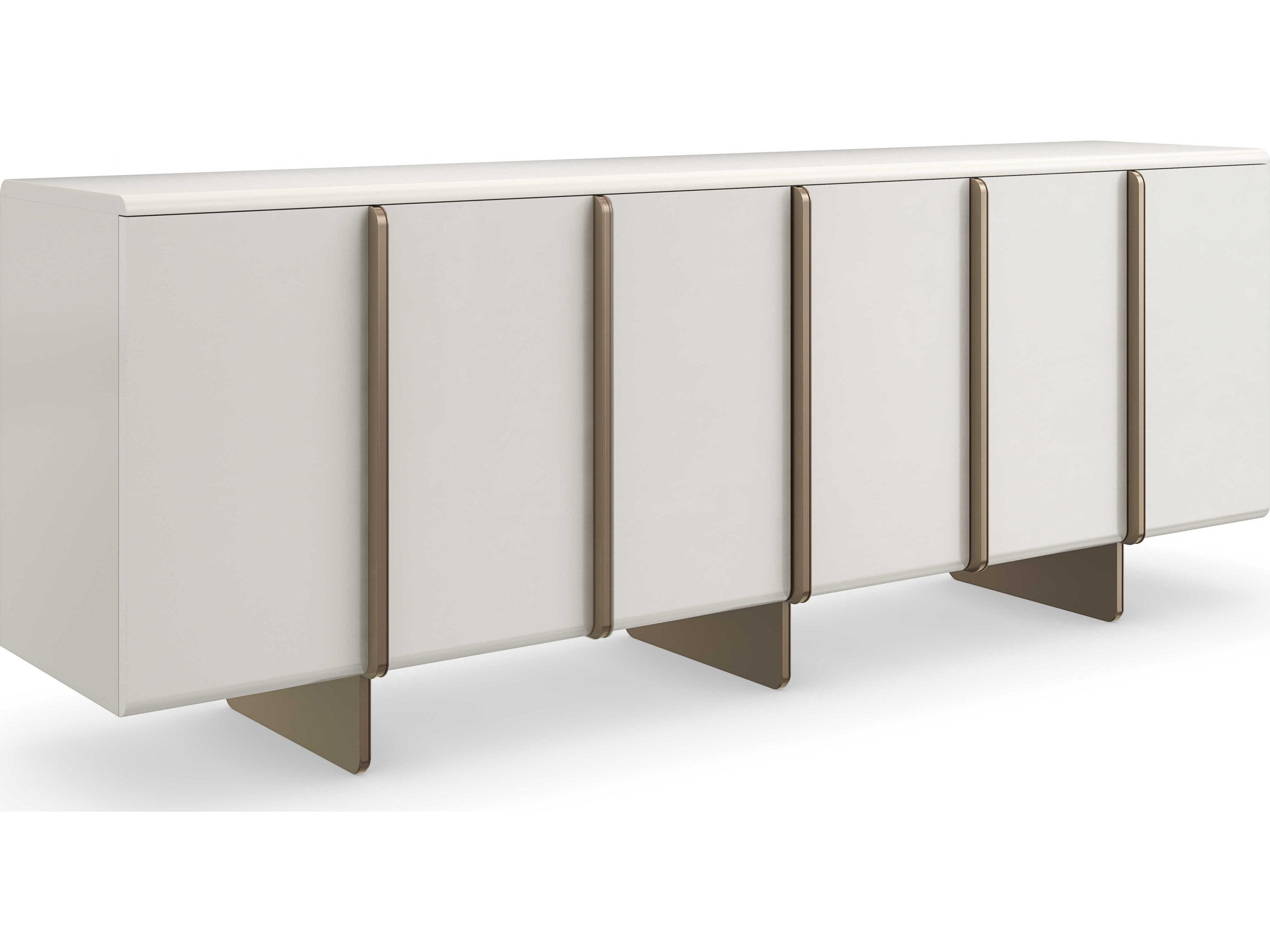 Caracole Modern Principles Emphasis 86" Birch Wood Almost White Textured Adobe Lucent Bronze Plated Metal Credenza Sideboard