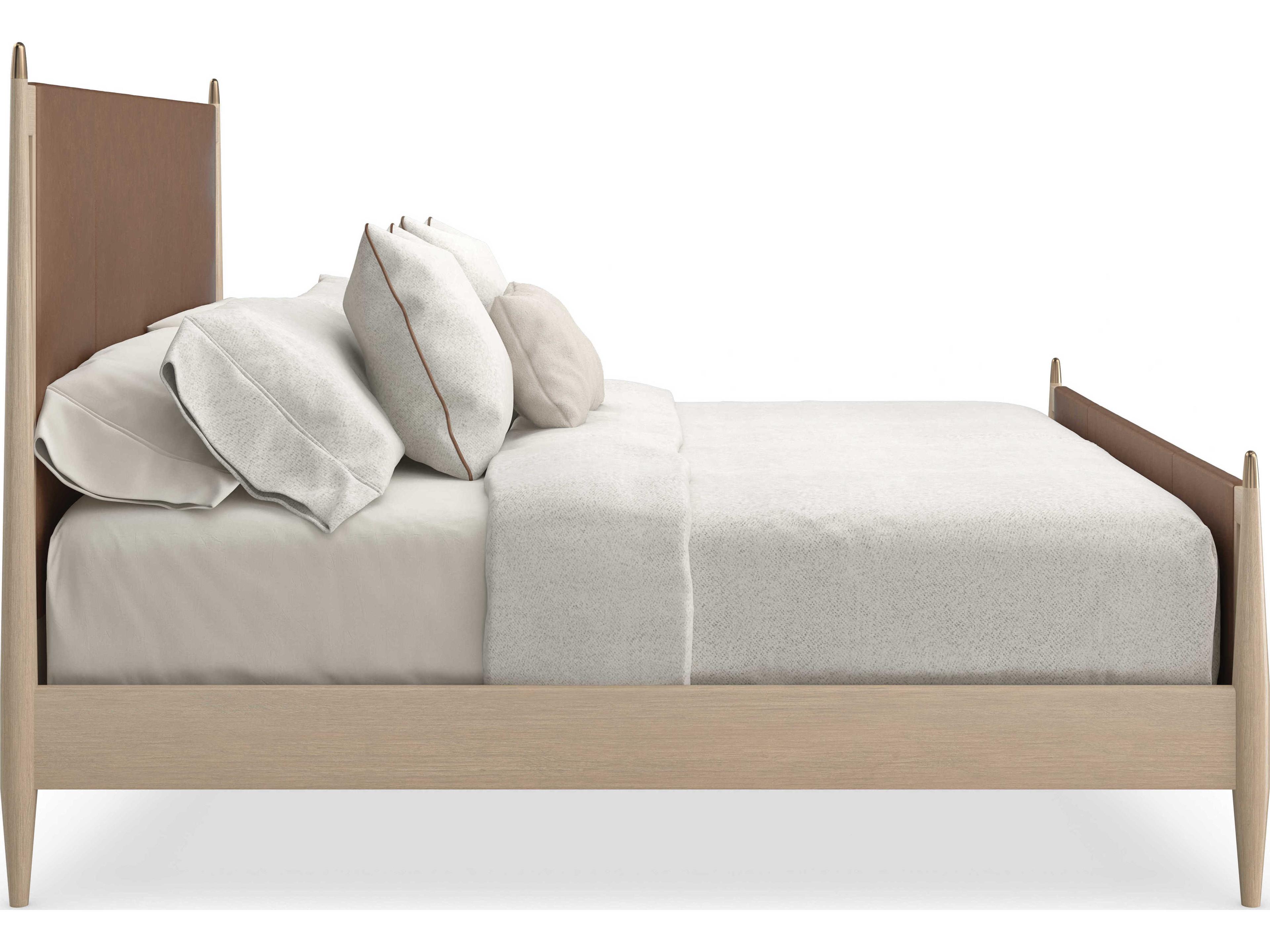 Caracole Modern Principles Rhythm Sun Drenched Oak Lucent Bronze Brown Wood Leather Queen Panel Bed