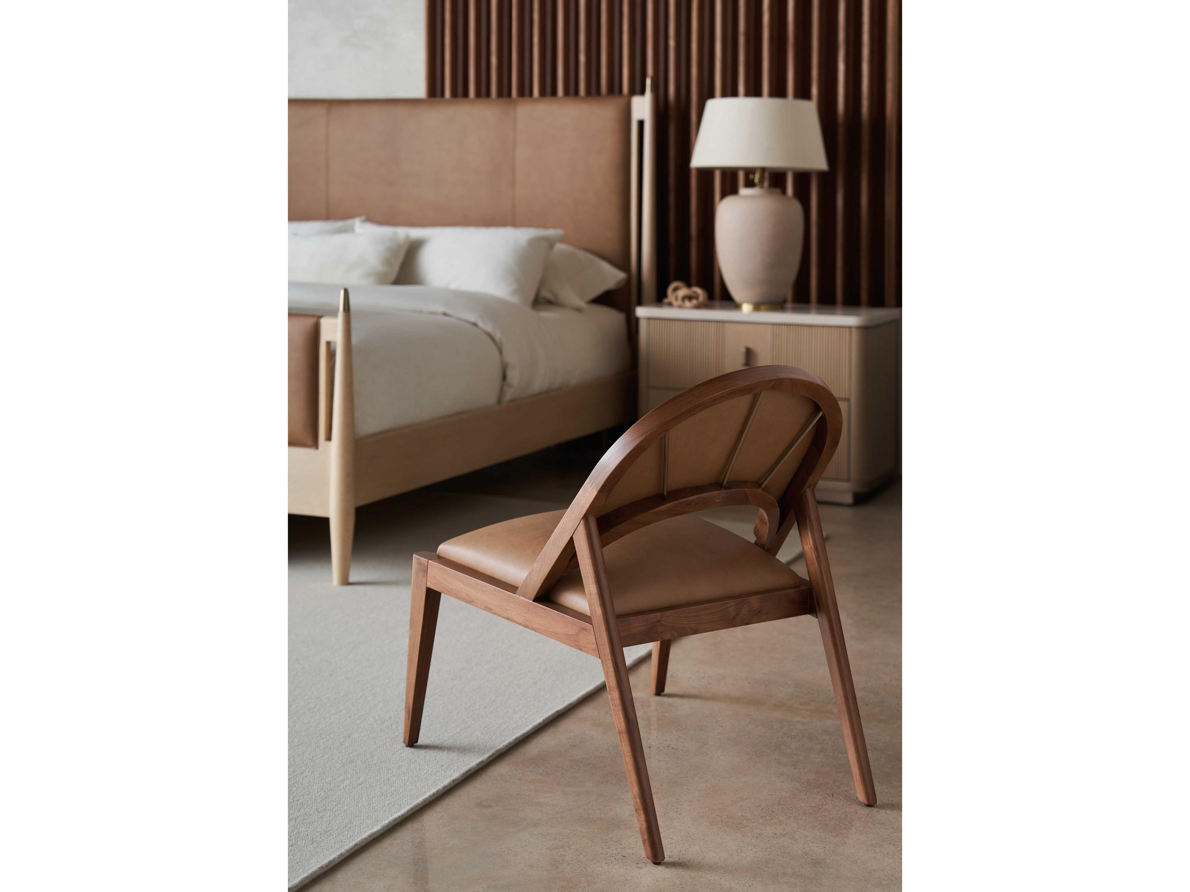 Caracole Modern Principles Rhythm Sun Drenched Oak Lucent Bronze Brown Wood Leather Queen Panel Bed