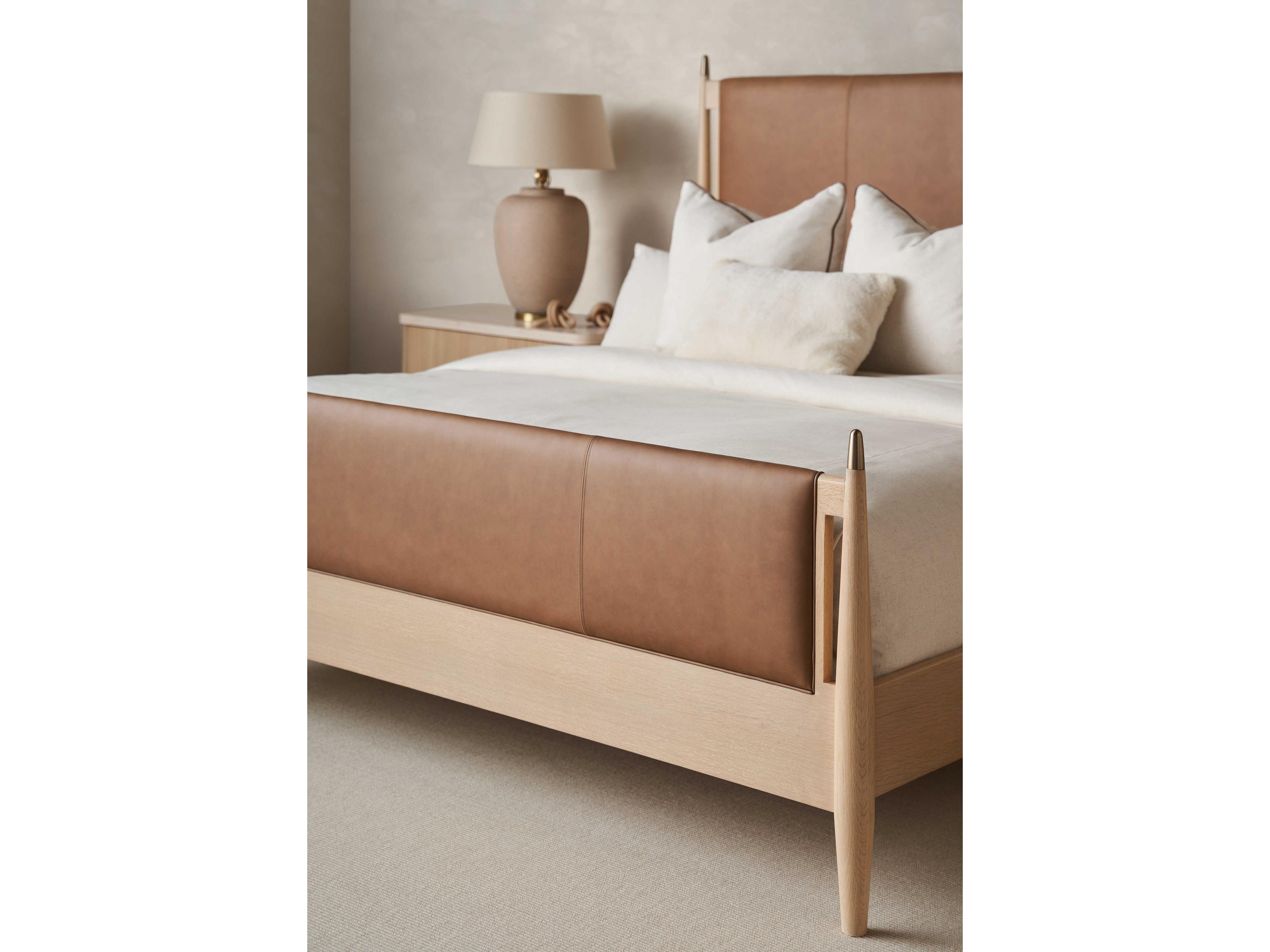Caracole Modern Principles Rhythm Sun Drenched Oak Lucent Bronze Brown Wood Leather Queen Panel Bed