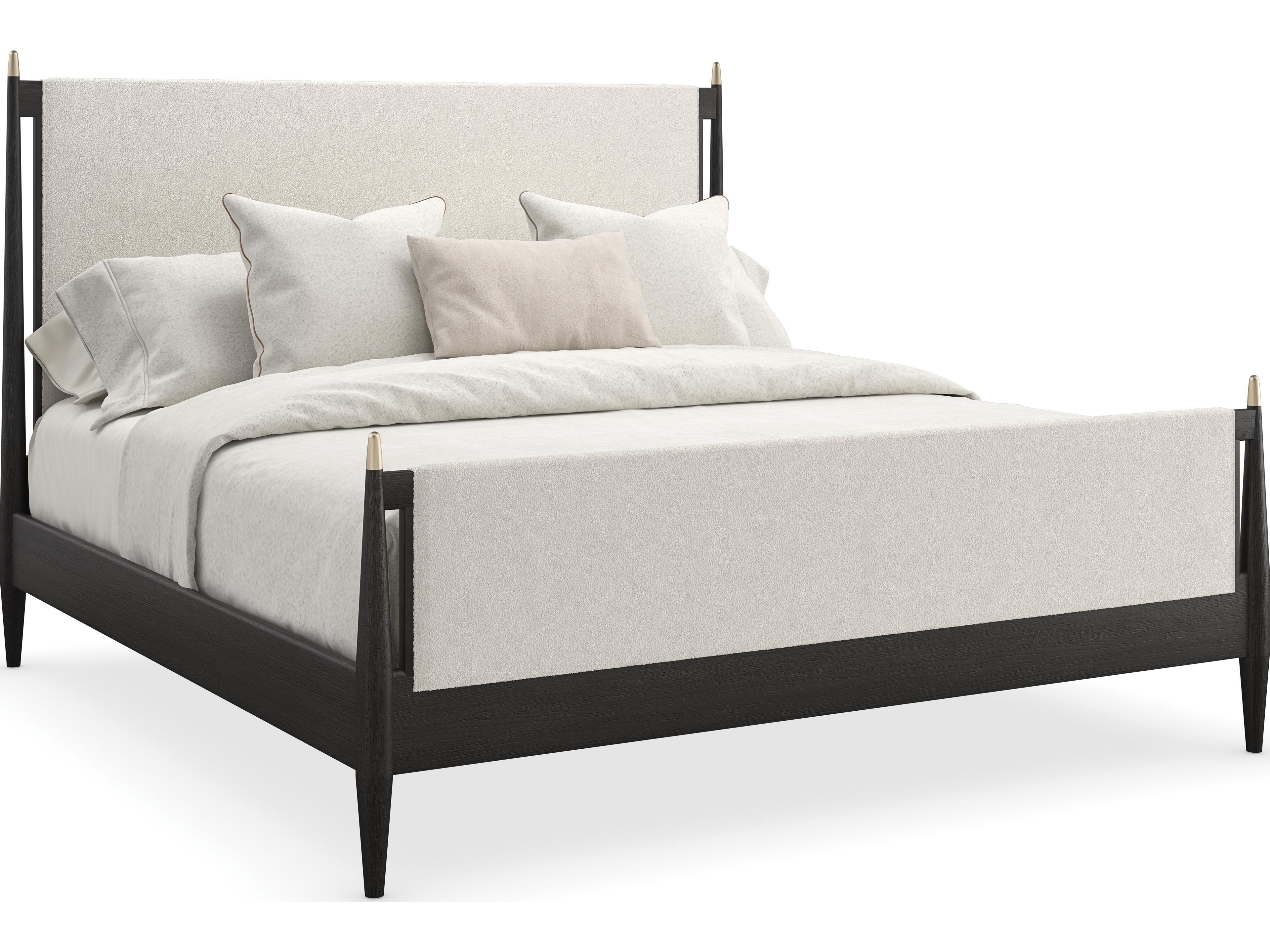 Caracole Modern Principles Rhythm Black Stained Ash Beige Wood Upholstered King Poster Bed