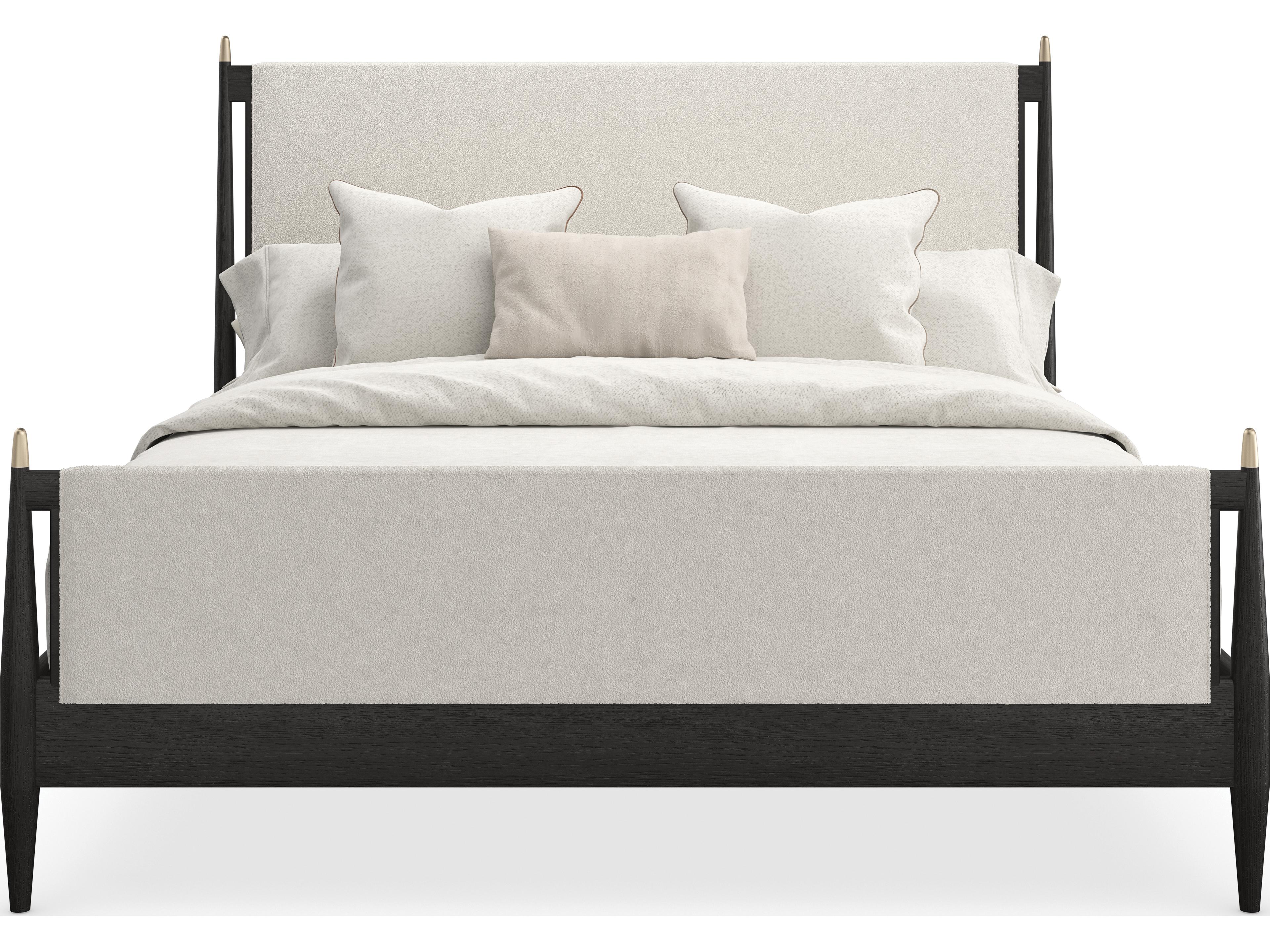 Caracole Modern Principles Rhythm Black Stained Ash Beige Wood Upholstered King Poster Bed