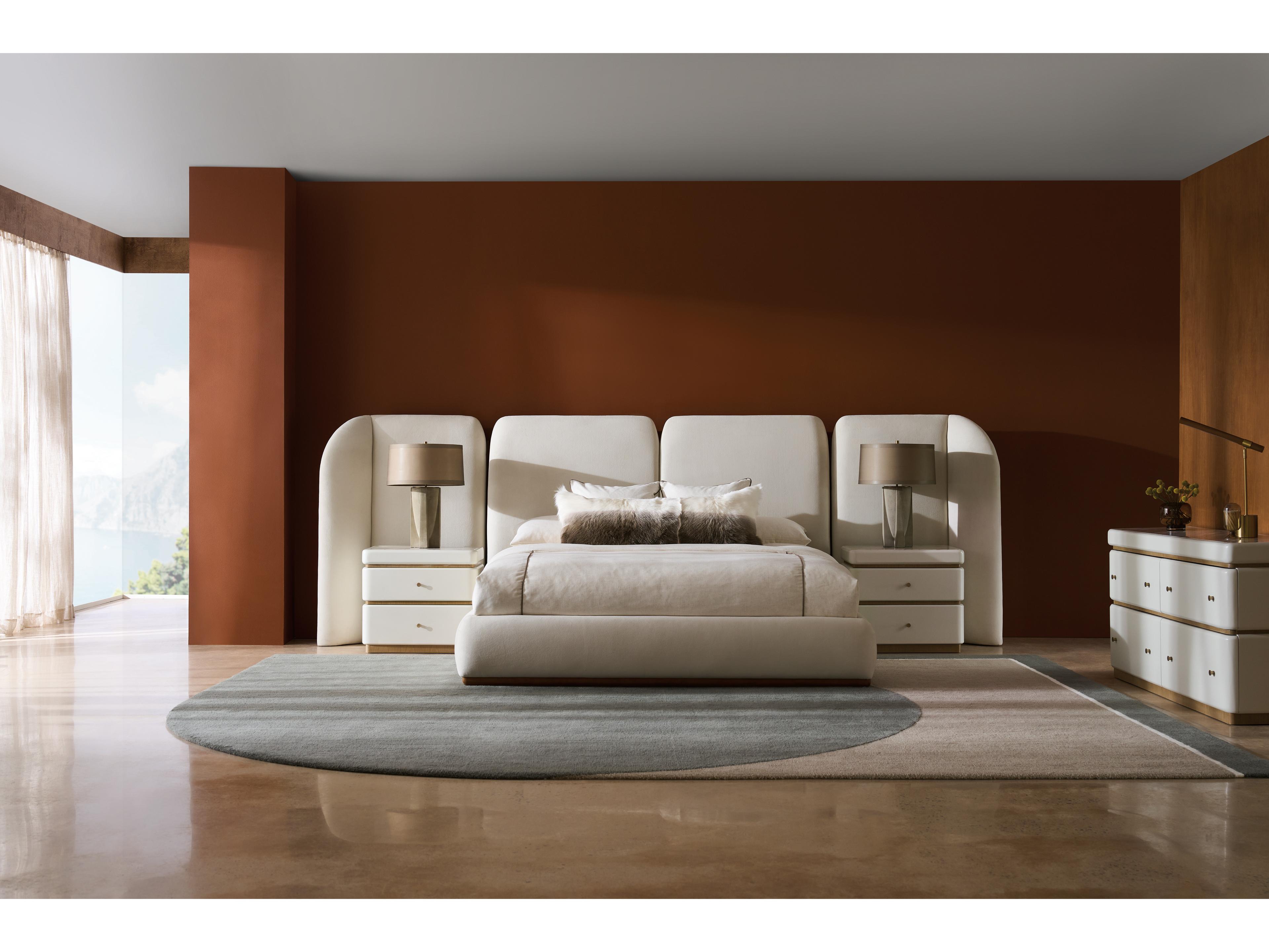 Caracole Modern Resort Malta Toasted Pecan Beige Birch Wood Upholstered King Platform Bed