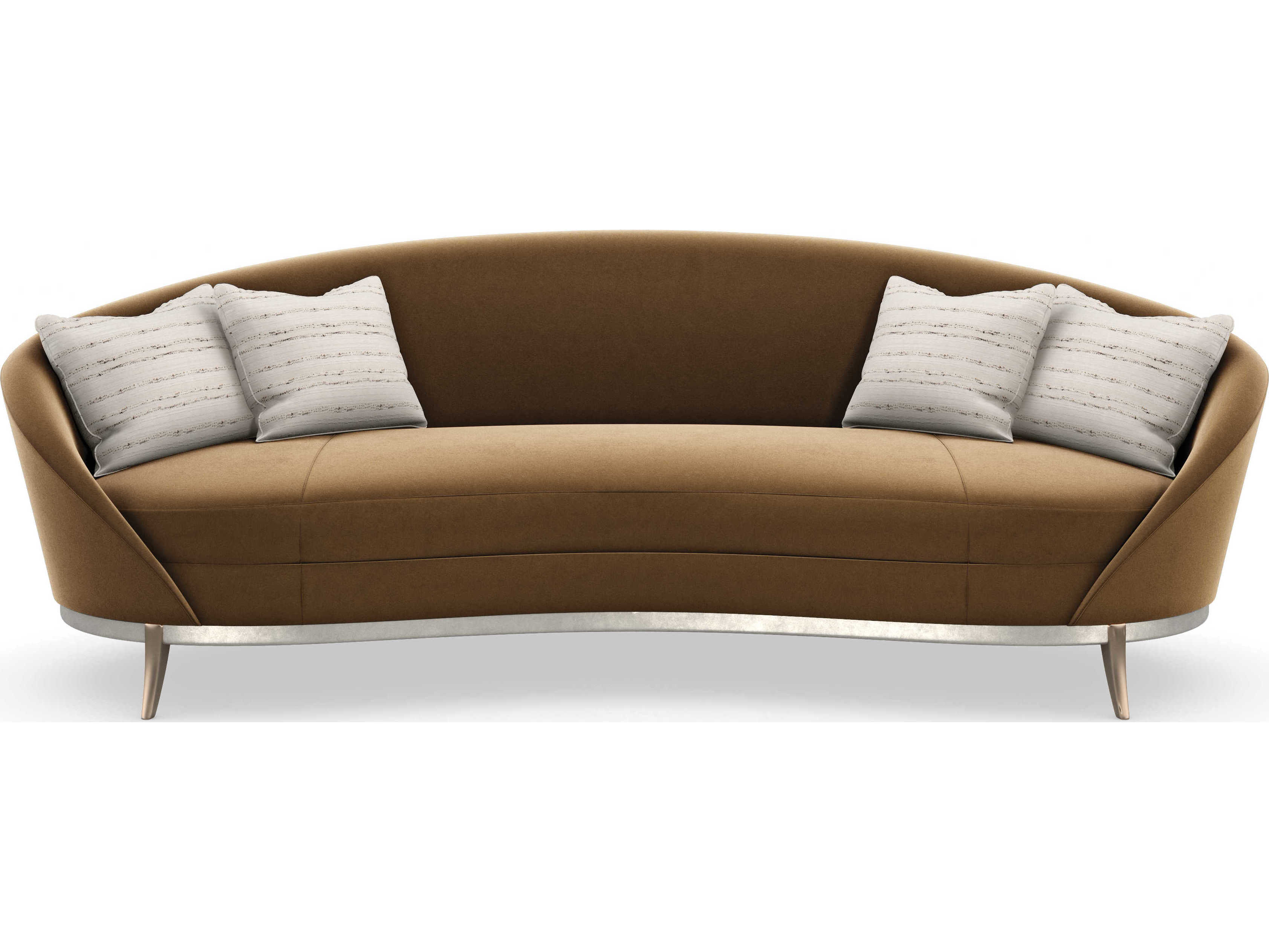 Caracole Signature Metropolitan Main Event Dusty Silver Bronze Plated Metal Brown Upholstered Sofa