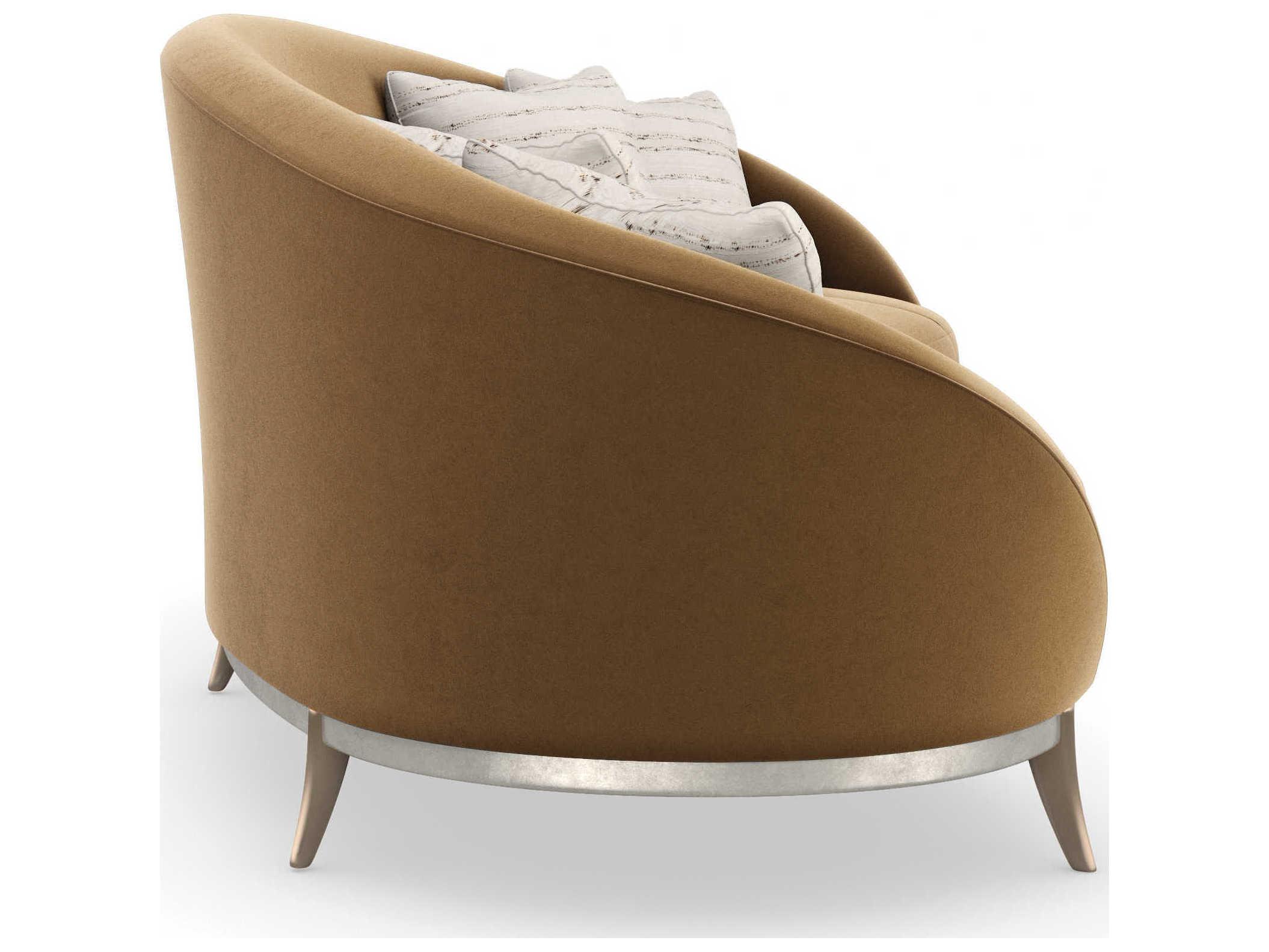 Caracole Signature Metropolitan Main Event Dusty Silver Bronze Plated Metal Brown Upholstered Sofa