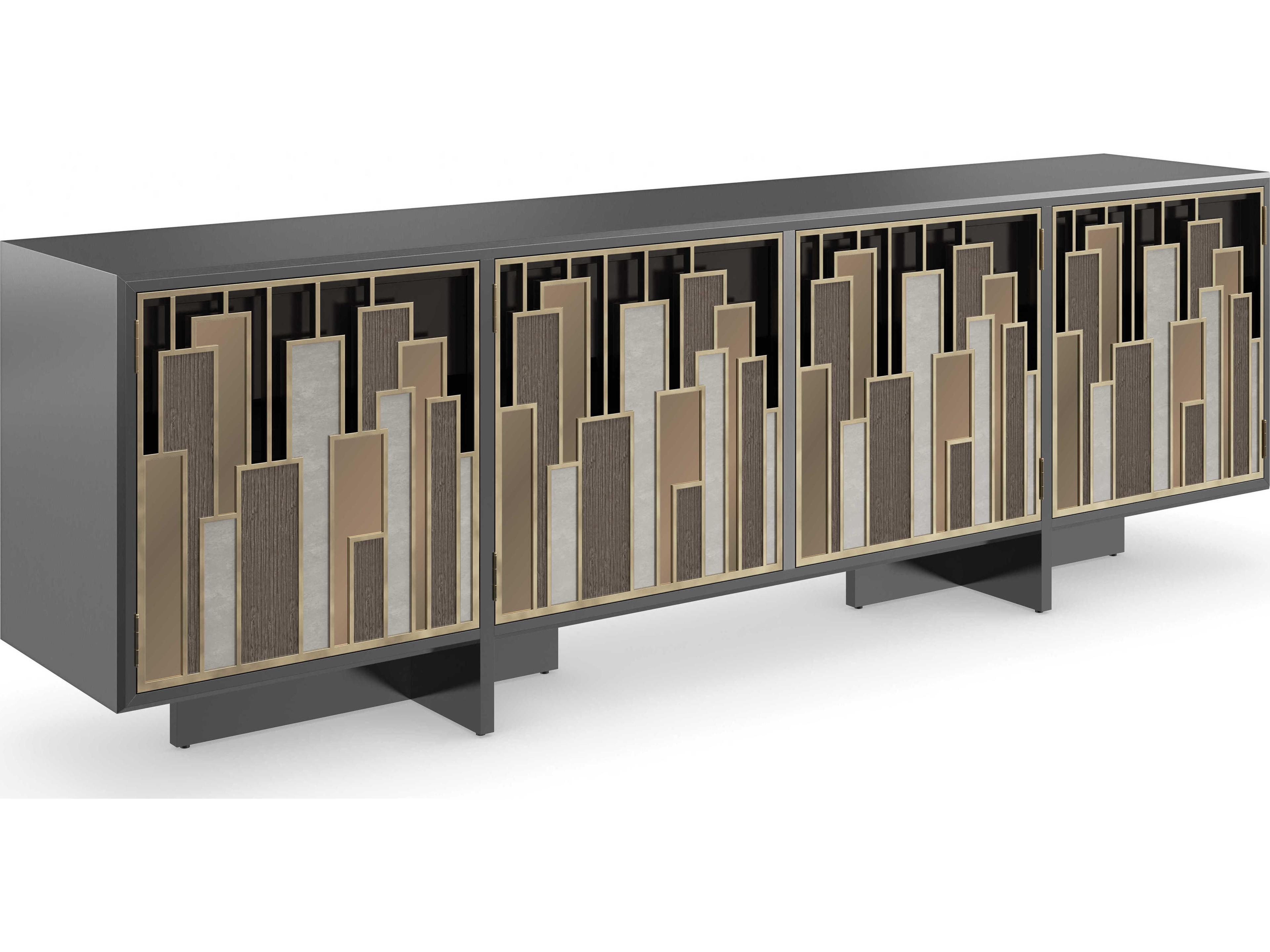 Caracole Signature Metropolitan Midtown 95" Brushed Gold Tungsten Dusty Silver Bronze Shadows Mirrored Metal Media Console