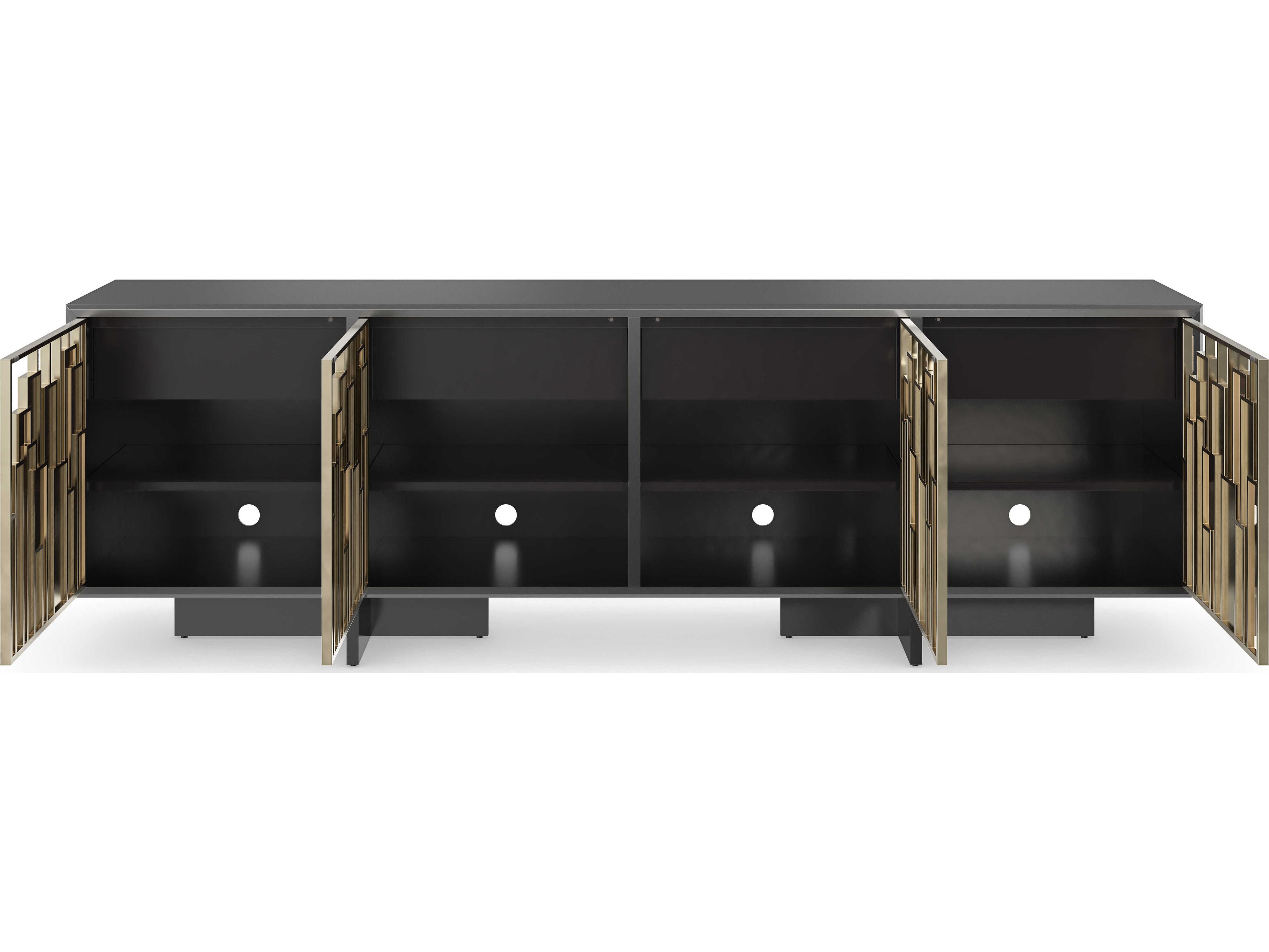 Caracole Signature Metropolitan Midtown 95" Brushed Gold Tungsten Dusty Silver Bronze Shadows Mirrored Metal Media Console