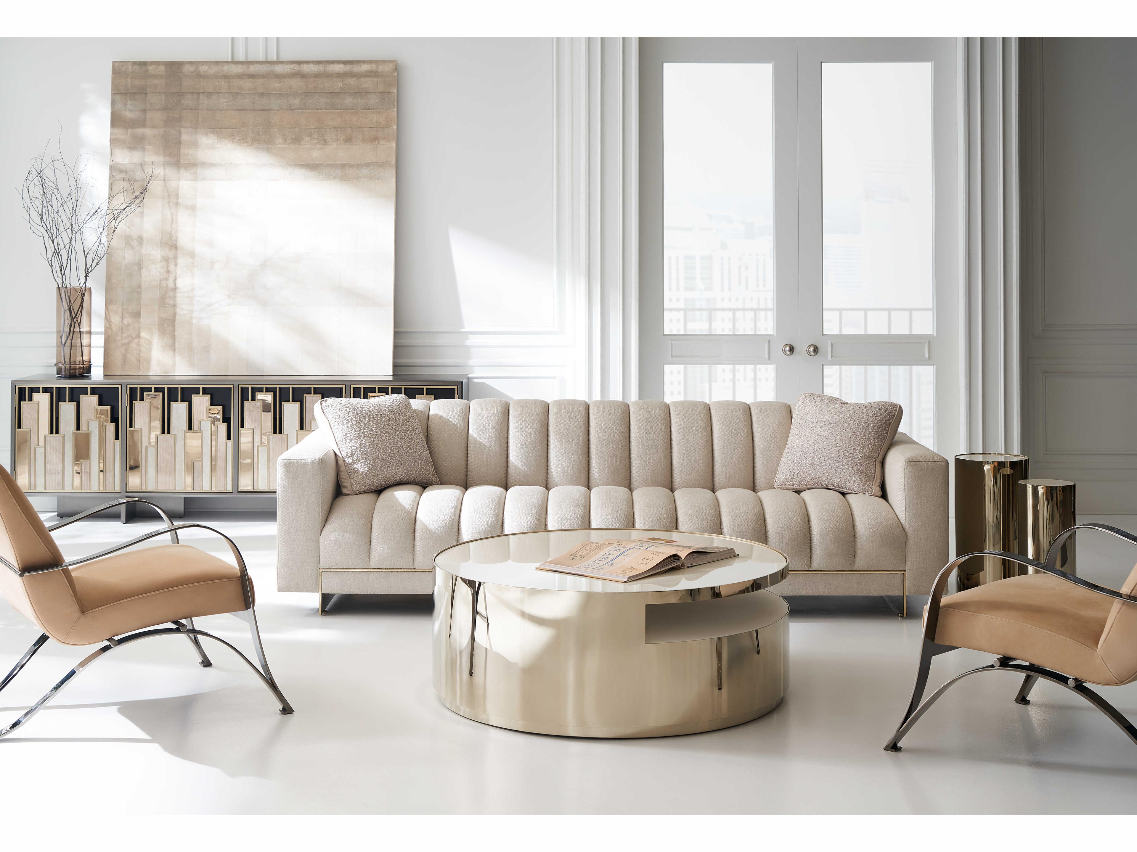 Caracole Signature Metropolitan Midtown 95" Brushed Gold Tungsten Dusty Silver Bronze Shadows Mirrored Metal Media Console