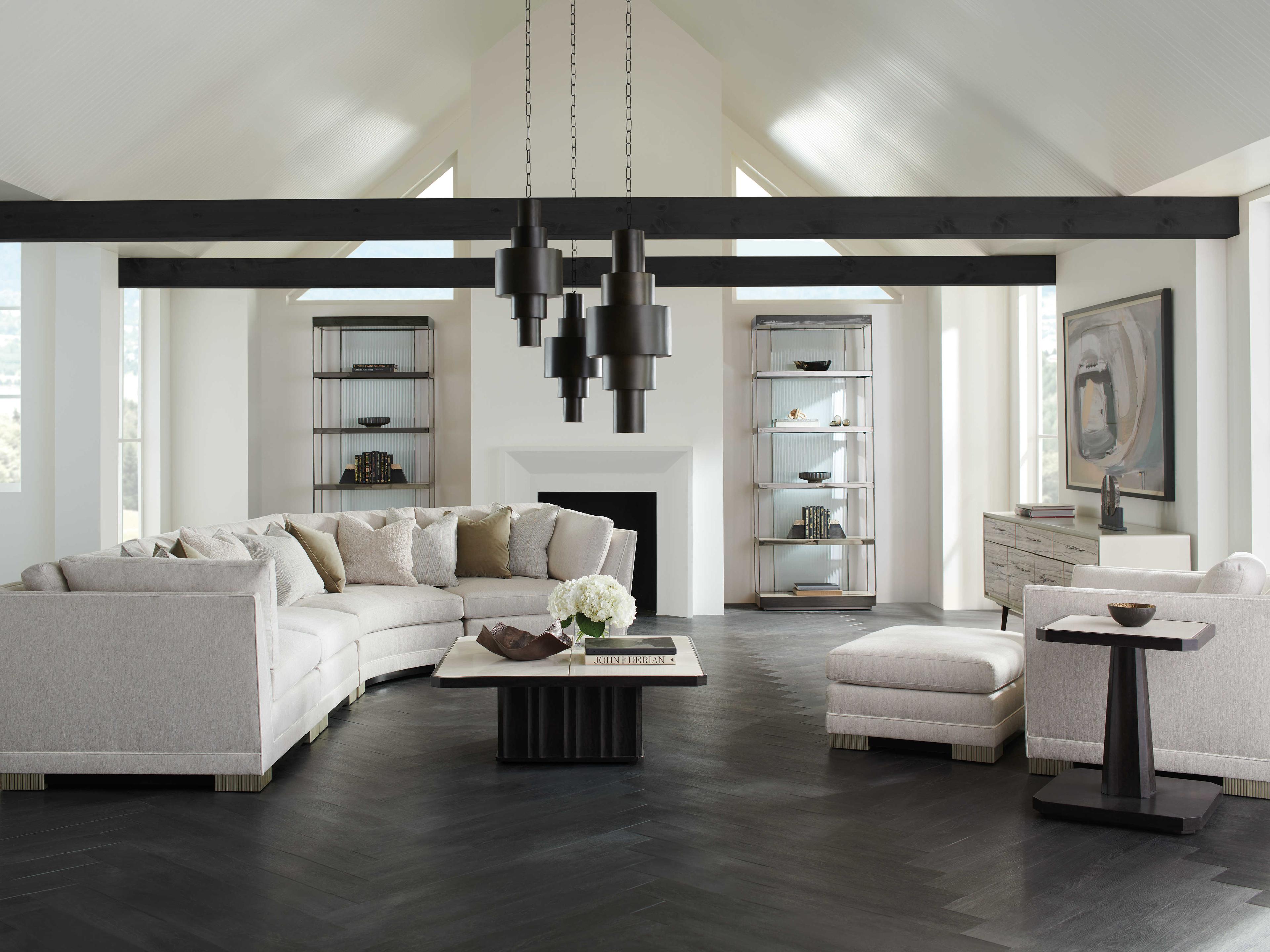 Caracole Upholstery Deep Retreat Dark Chocolate Silver Shadow White Upholstered Ottoman