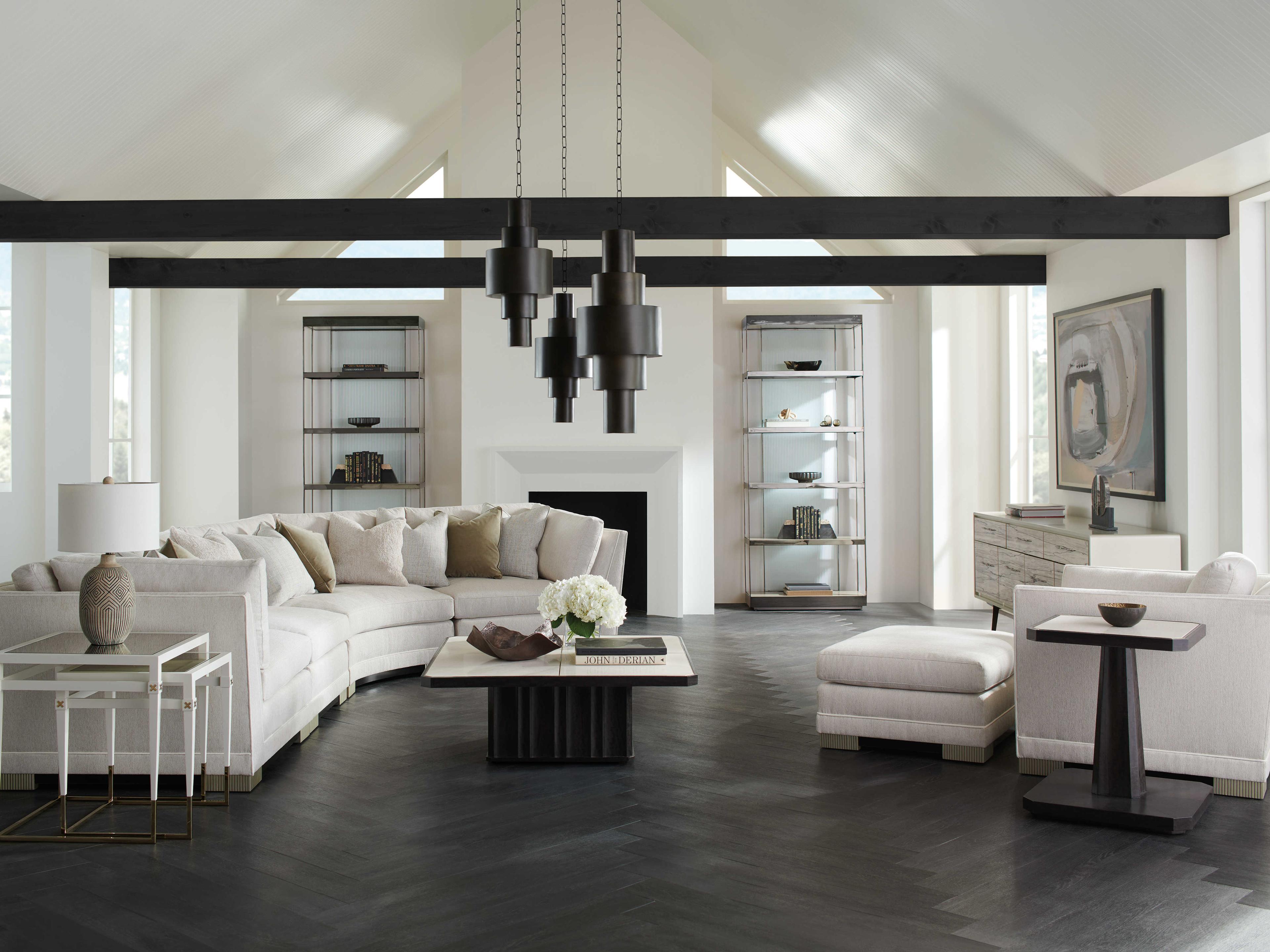 Caracole Upholstery Deep Retreat Dark Chocolate Silver Shadow White Upholstered Ottoman