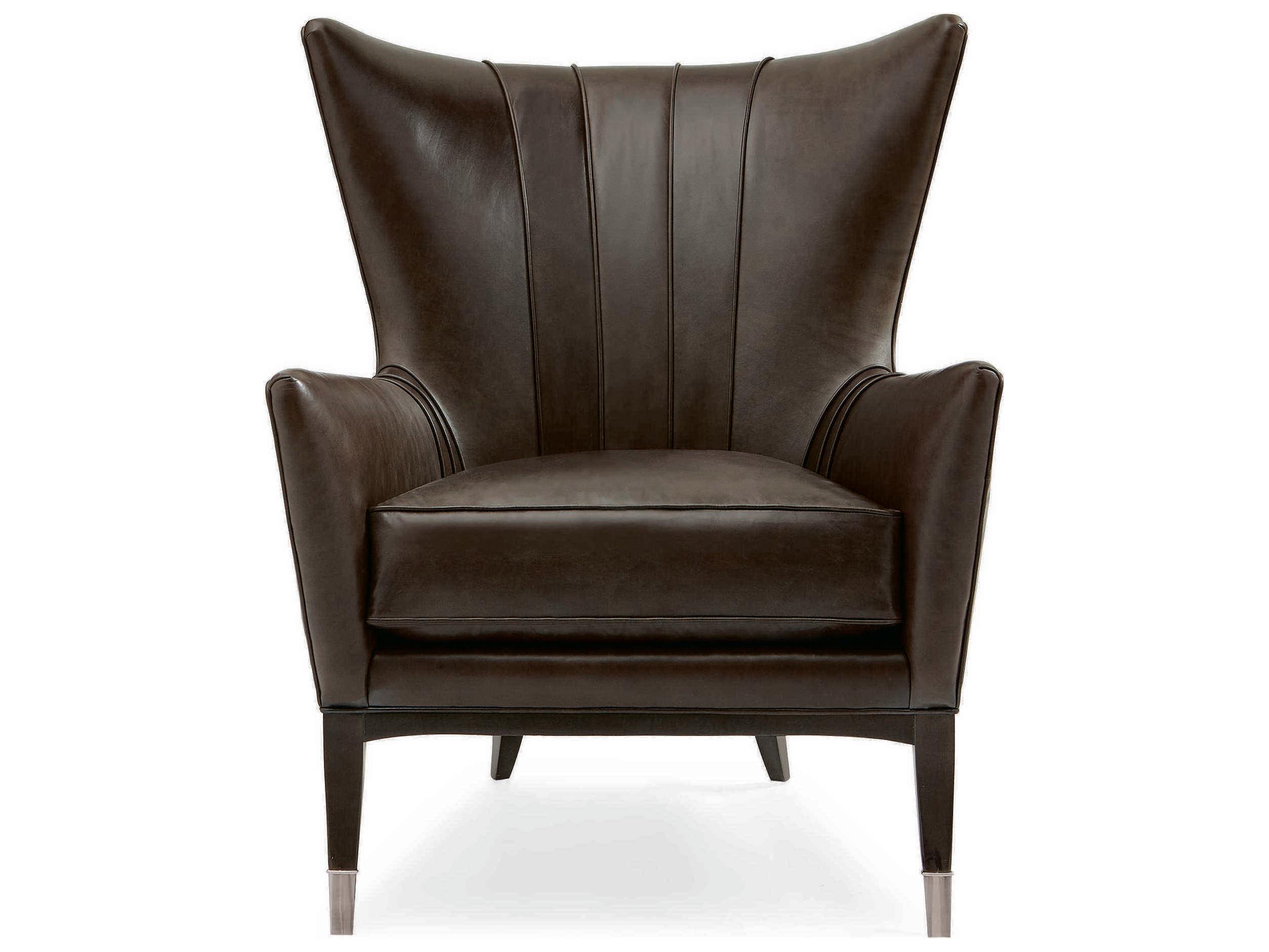 Caracole Upholstery So Welt Done Wingback Black Leather Accent Chair with Metal Ferrules
