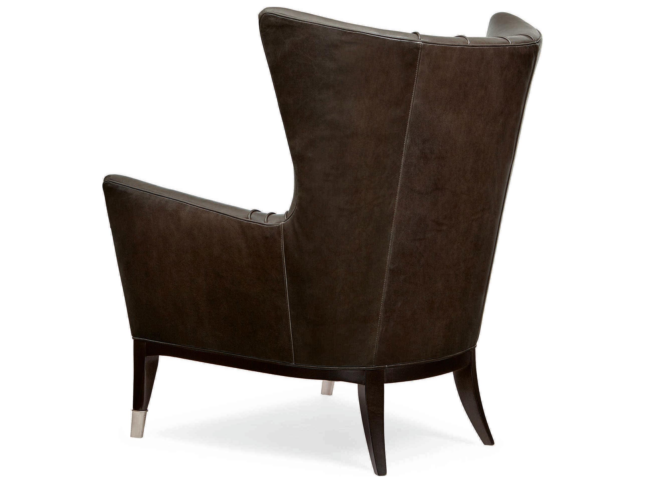 Caracole Upholstery So Welt Done Wingback Black Leather Accent Chair with Metal Ferrules