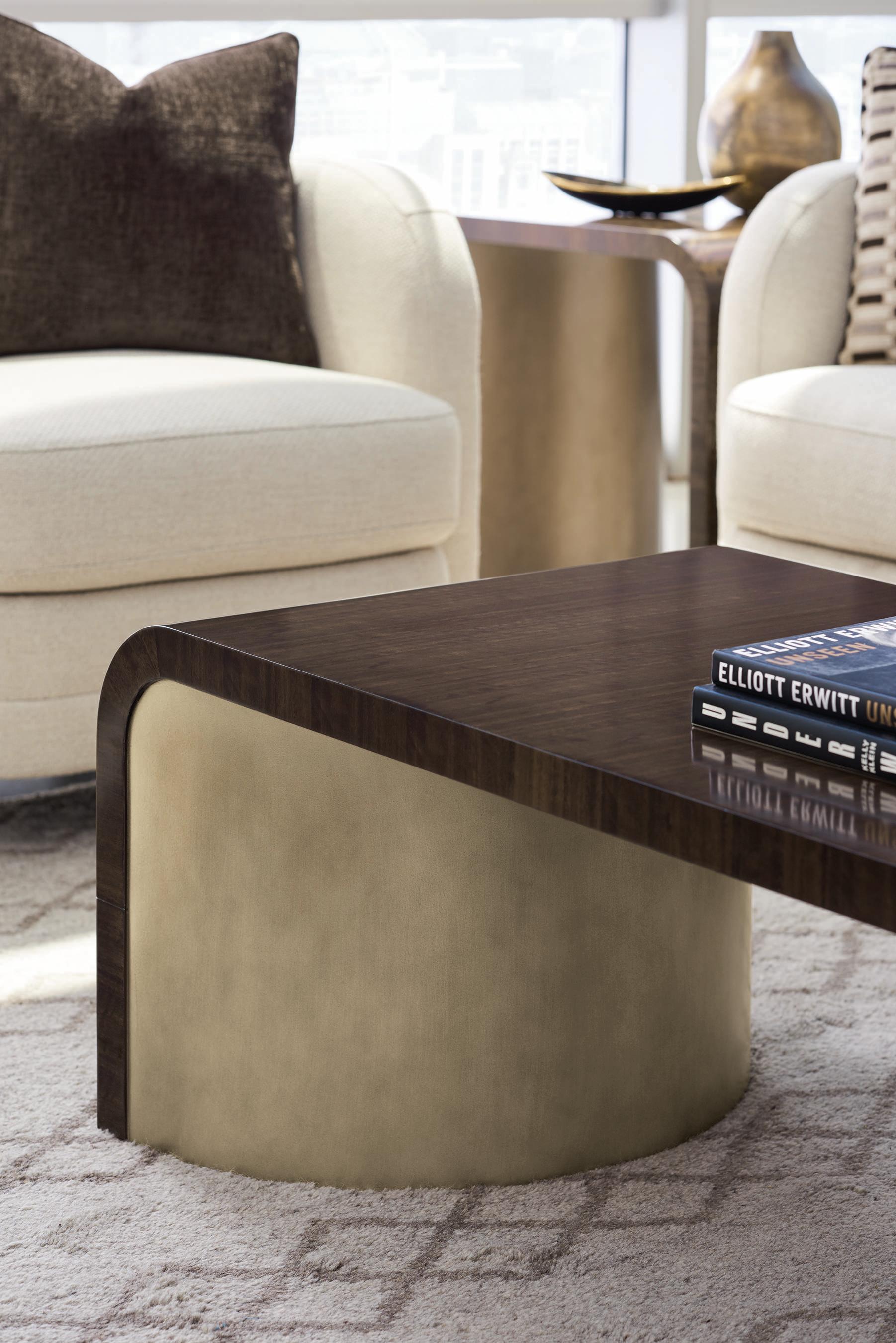 Caracole Streamline Waterfall Rectangular Wood Aged Bourbon With Smoked Brass Coffee Table