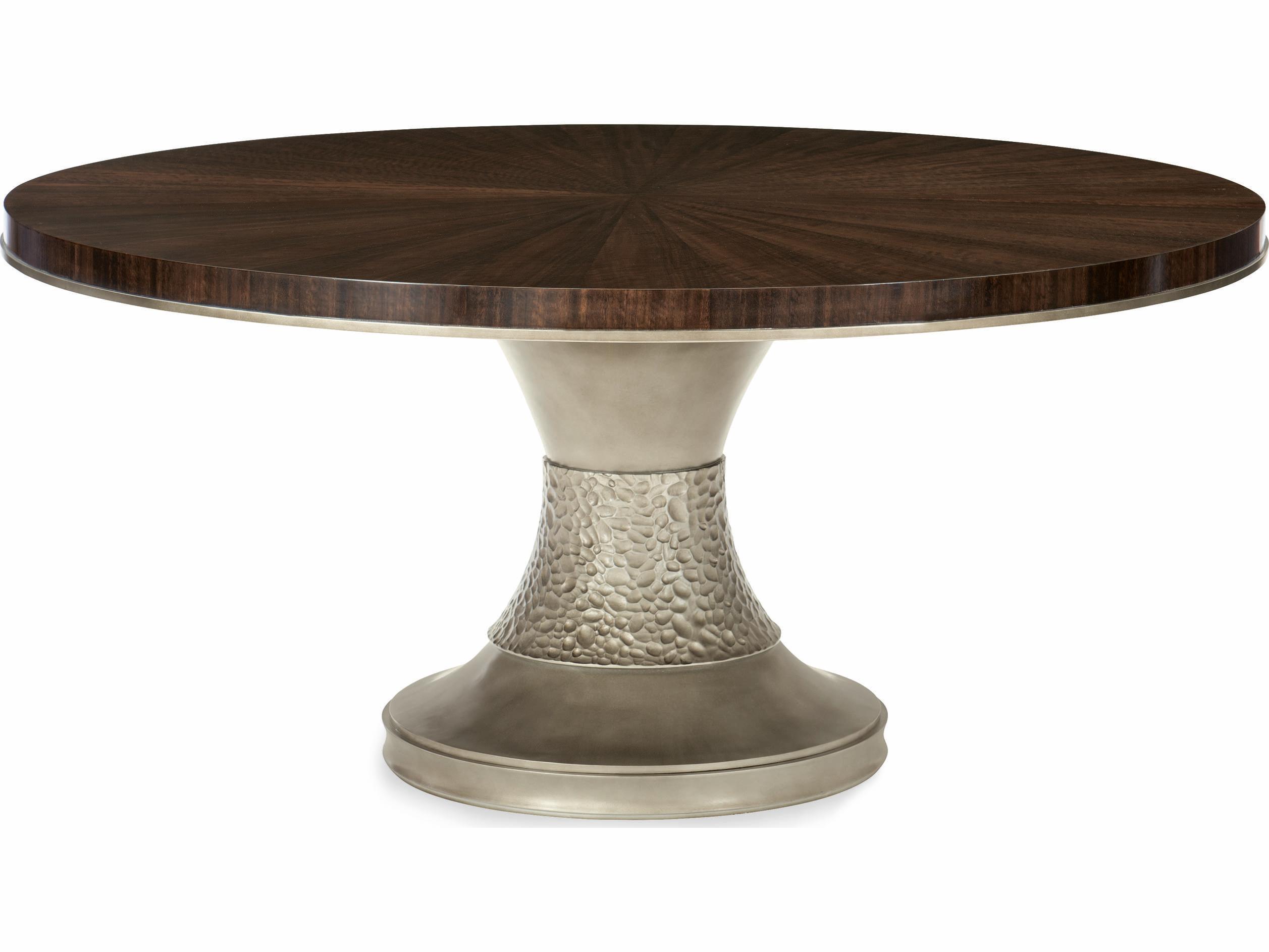 Caracole Streamline Moderne Smoked Bronze Base Pedestal Round Wood Aged Bourbon With Brass Dining Table