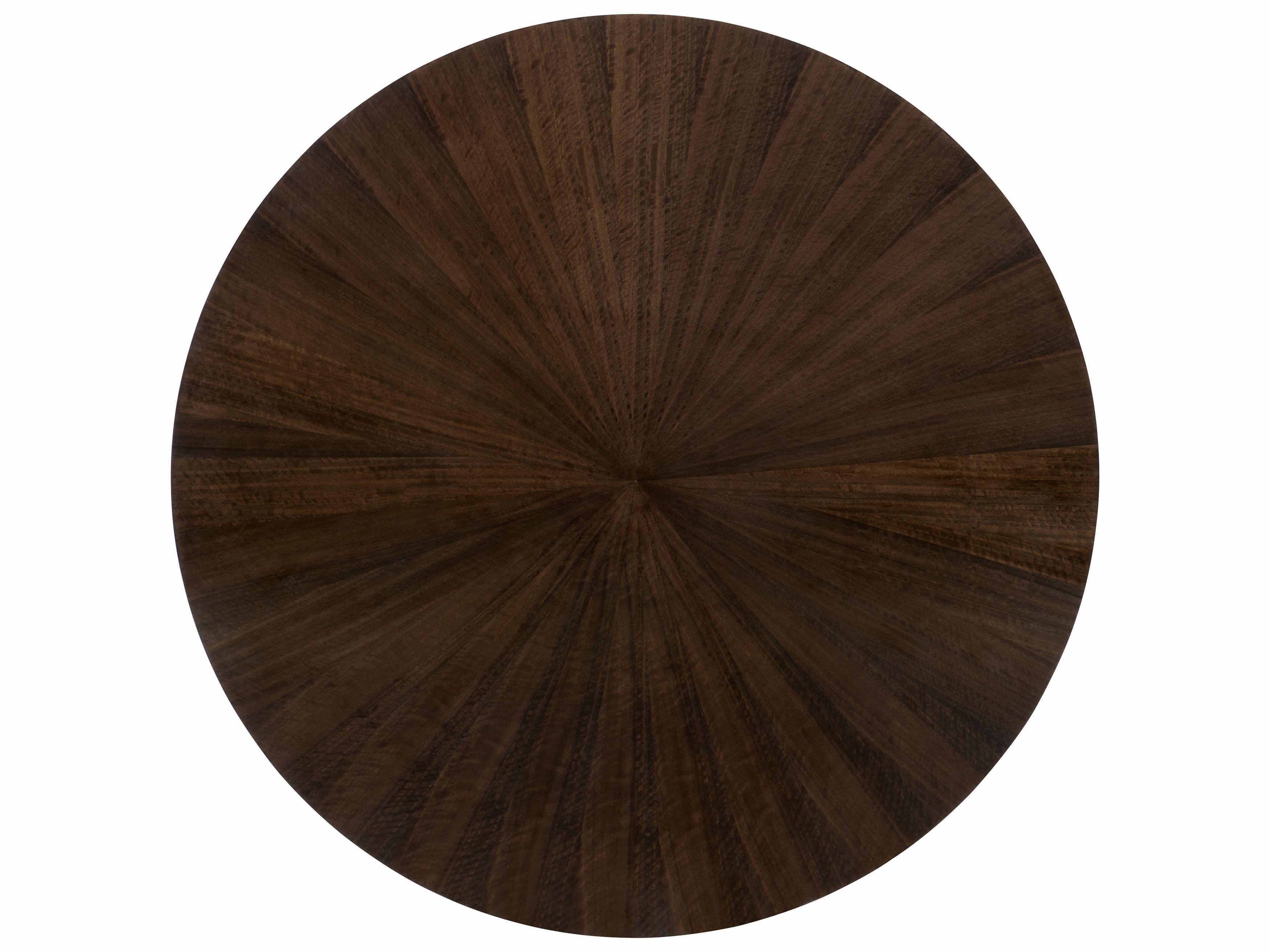 Caracole Streamline Moderne Smoked Bronze Base Pedestal Round Wood Aged Bourbon With Brass Dining Table