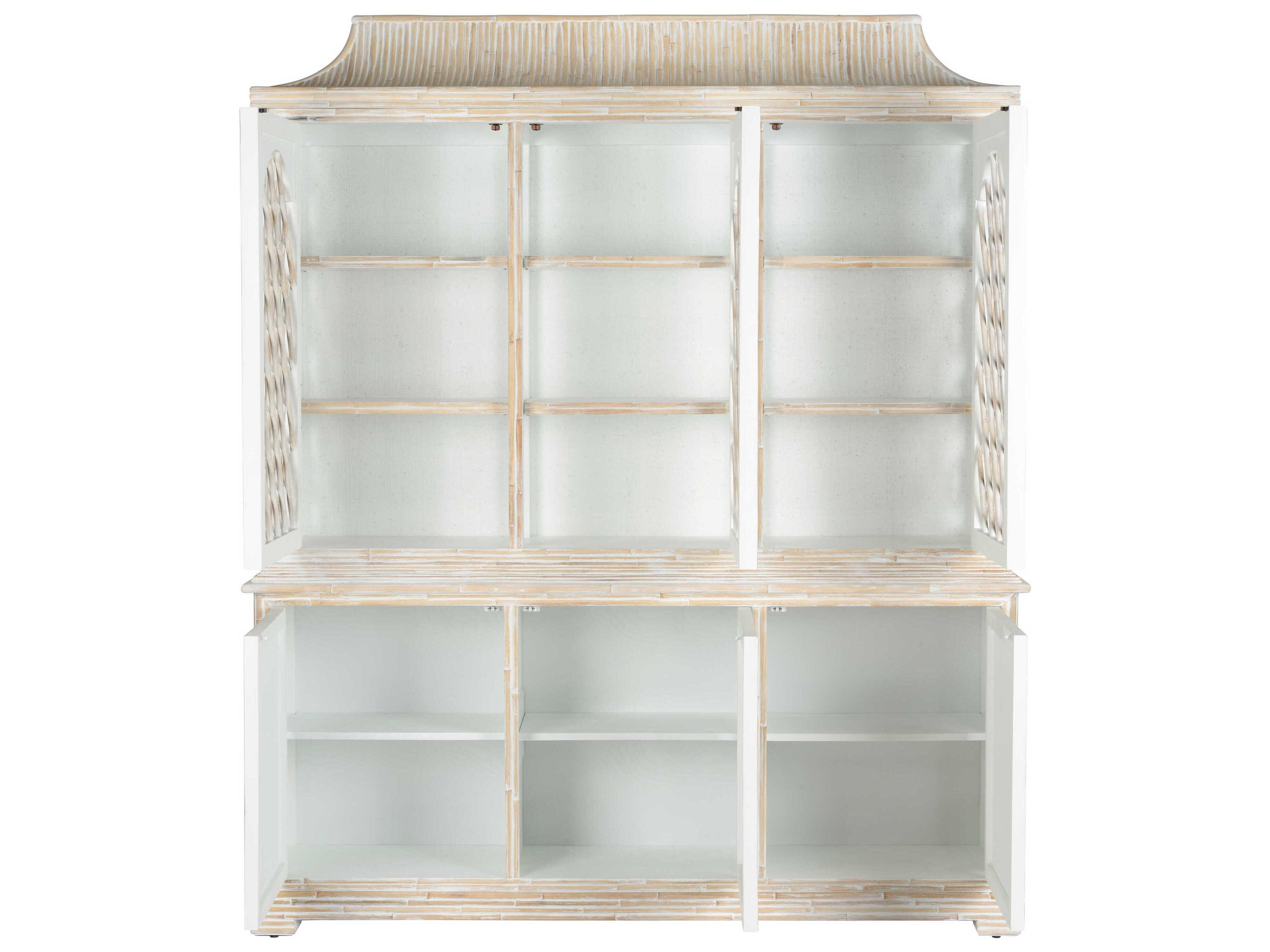Chelsea House Jamie Merida Bamboo Wood Whitewashed Lyford Cay Breakfront Display Cabinet