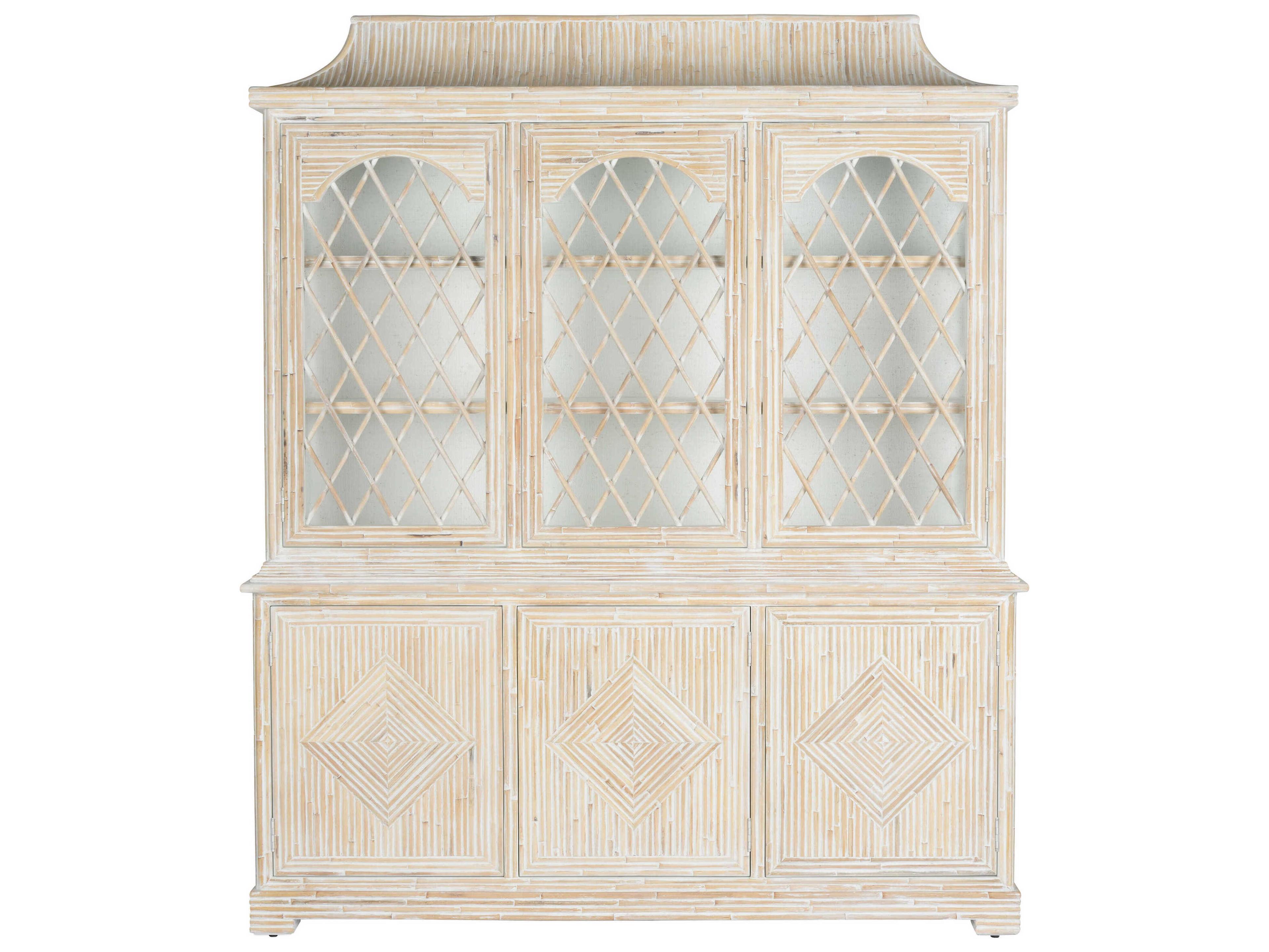 Chelsea House Jamie Merida Bamboo Wood Whitewashed Lyford Cay Breakfront Display Cabinet