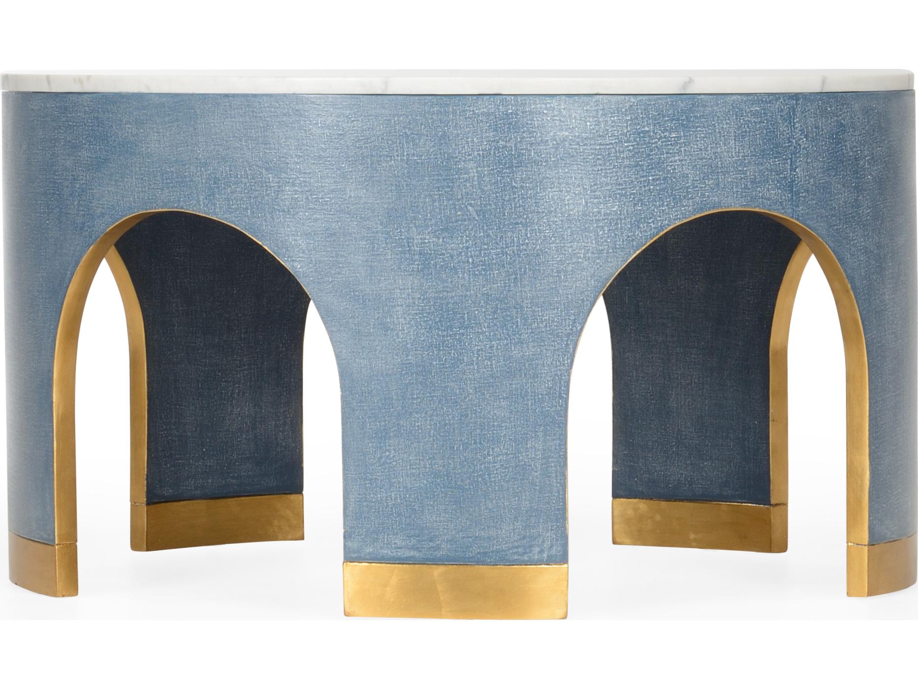 Chelsea House Elizabeth Wicker Aqueduct Round Marble Blue White Cocktail Table -