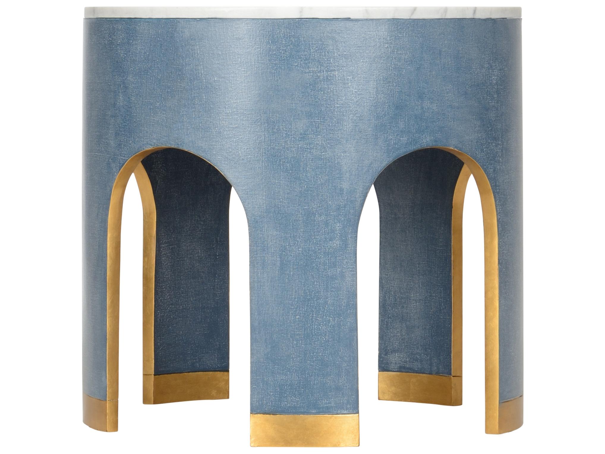 Chelsea House Elizabeth Wicker Aqueduct Round Marble Blue White End Table -