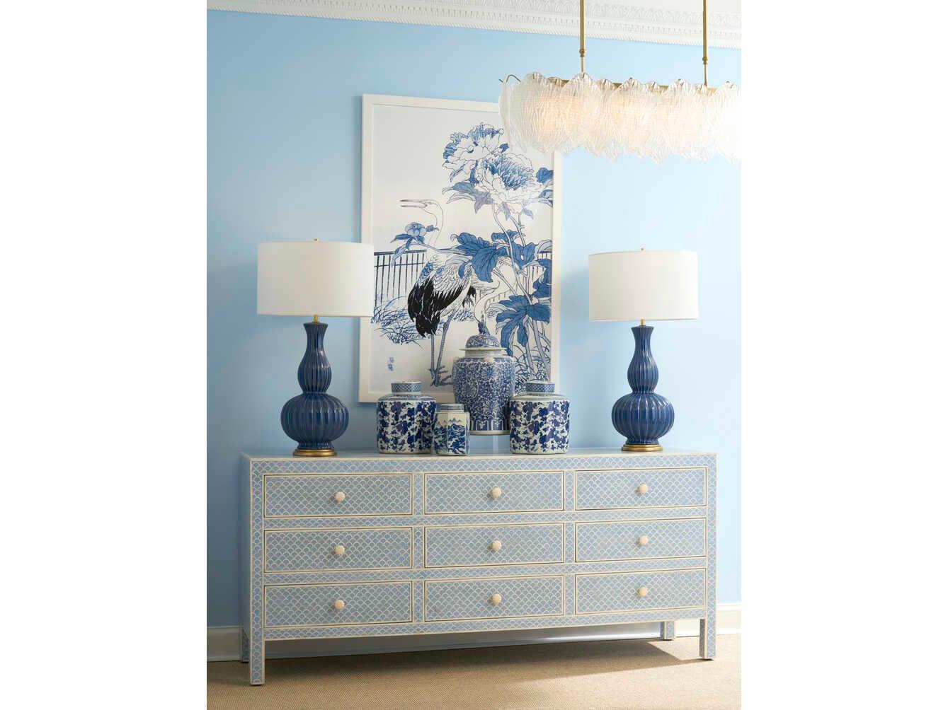 Chelsea House Bill Cain Augusta Blue Gold Off White Linen Buffet Lamp