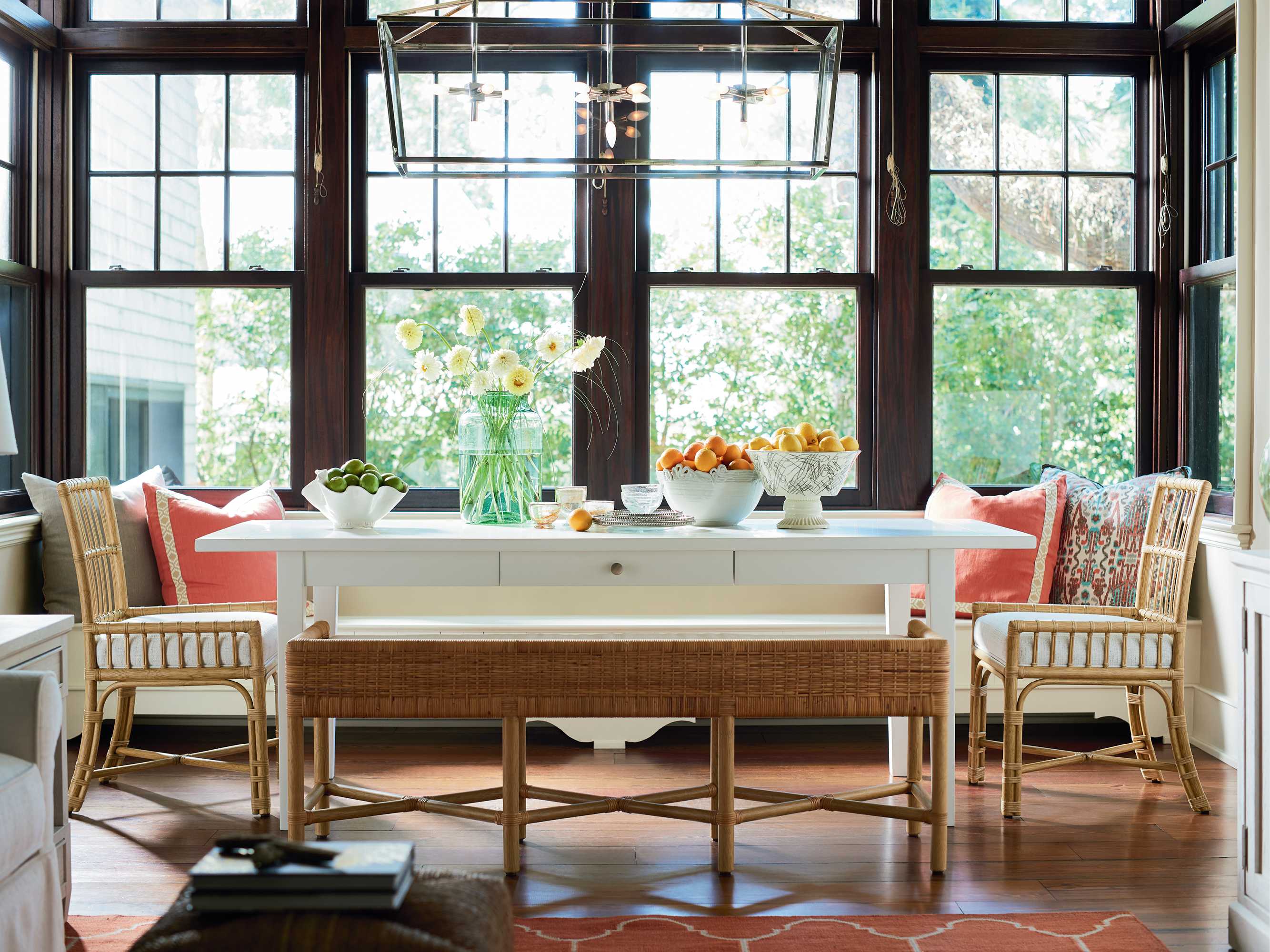 Coastal Living Home Escape Rattan Natural Upholstered Arm Dining Chair