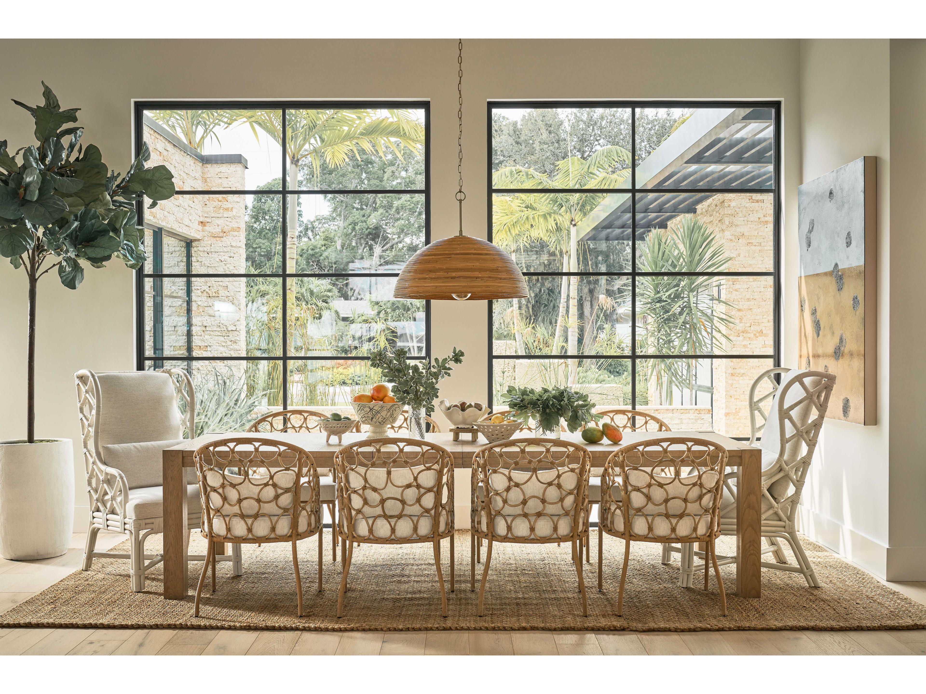 Coastal Living Home Weekender Rattan Natural Upholstered Arm Dining Chair