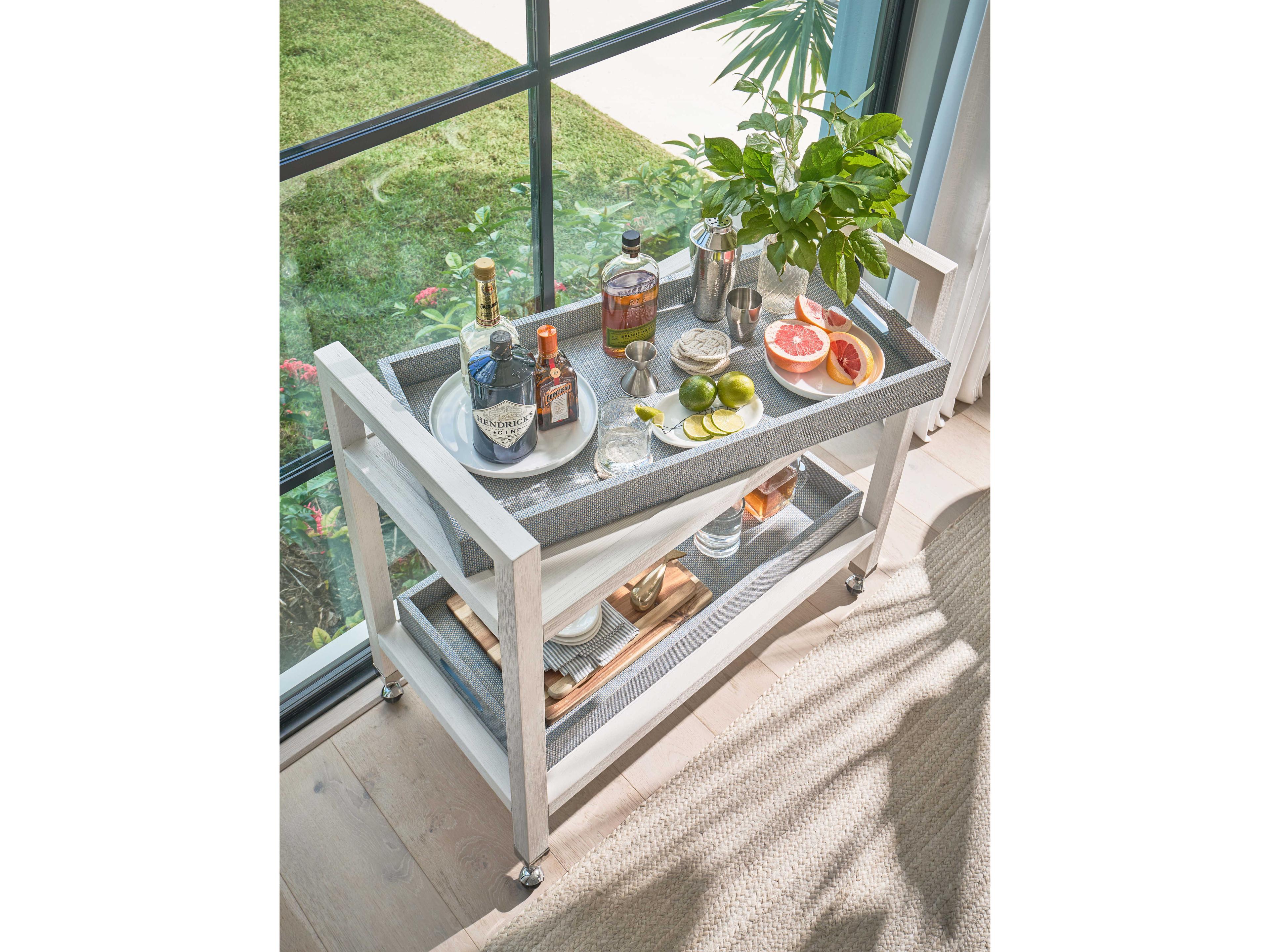 Coastal Living Home Weekender Wood White Sand Blue Seagrass Bar Cart