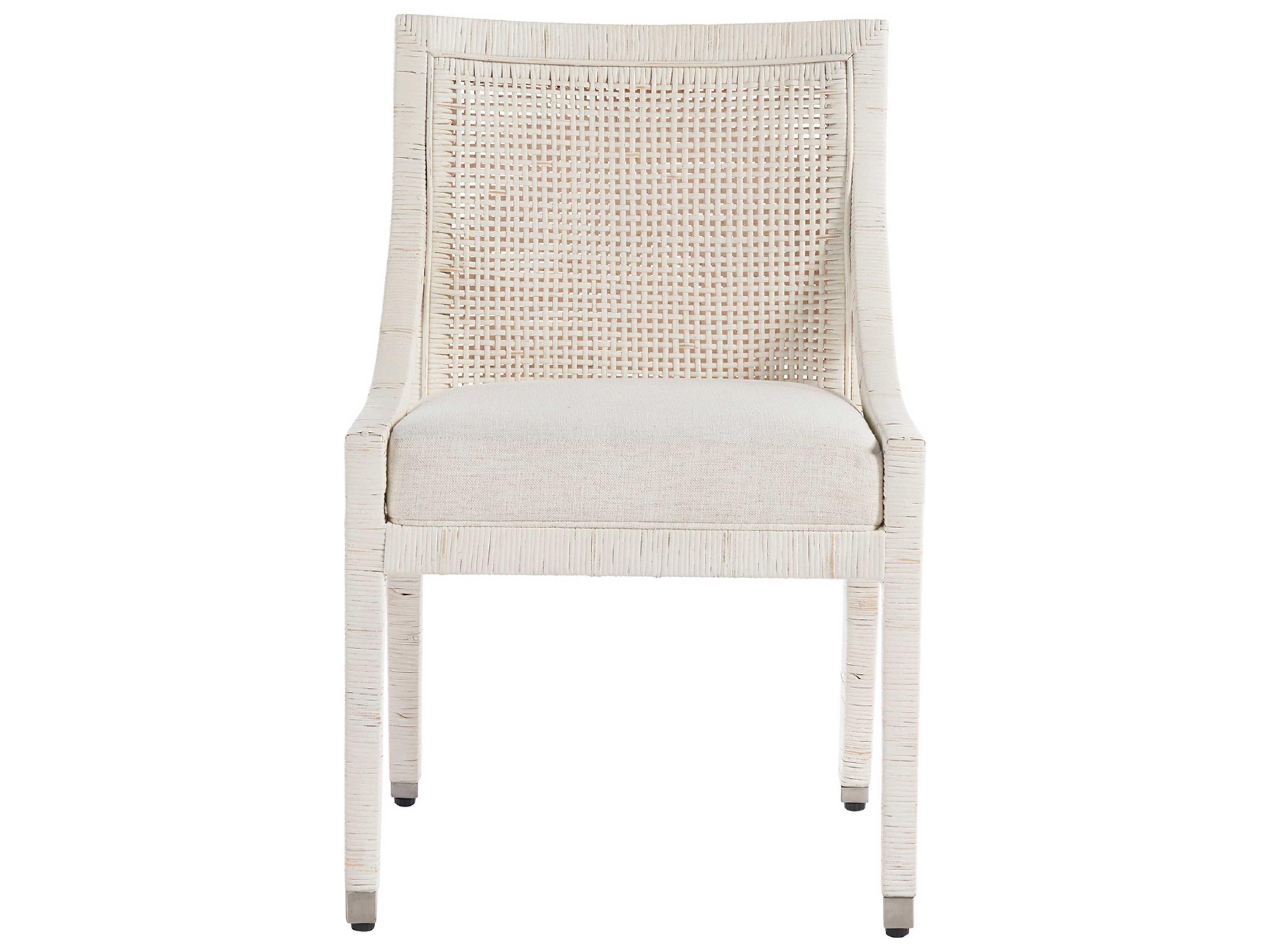 Coastal Living Home Weekender Rattan White Upholstered Arm Dining Chair