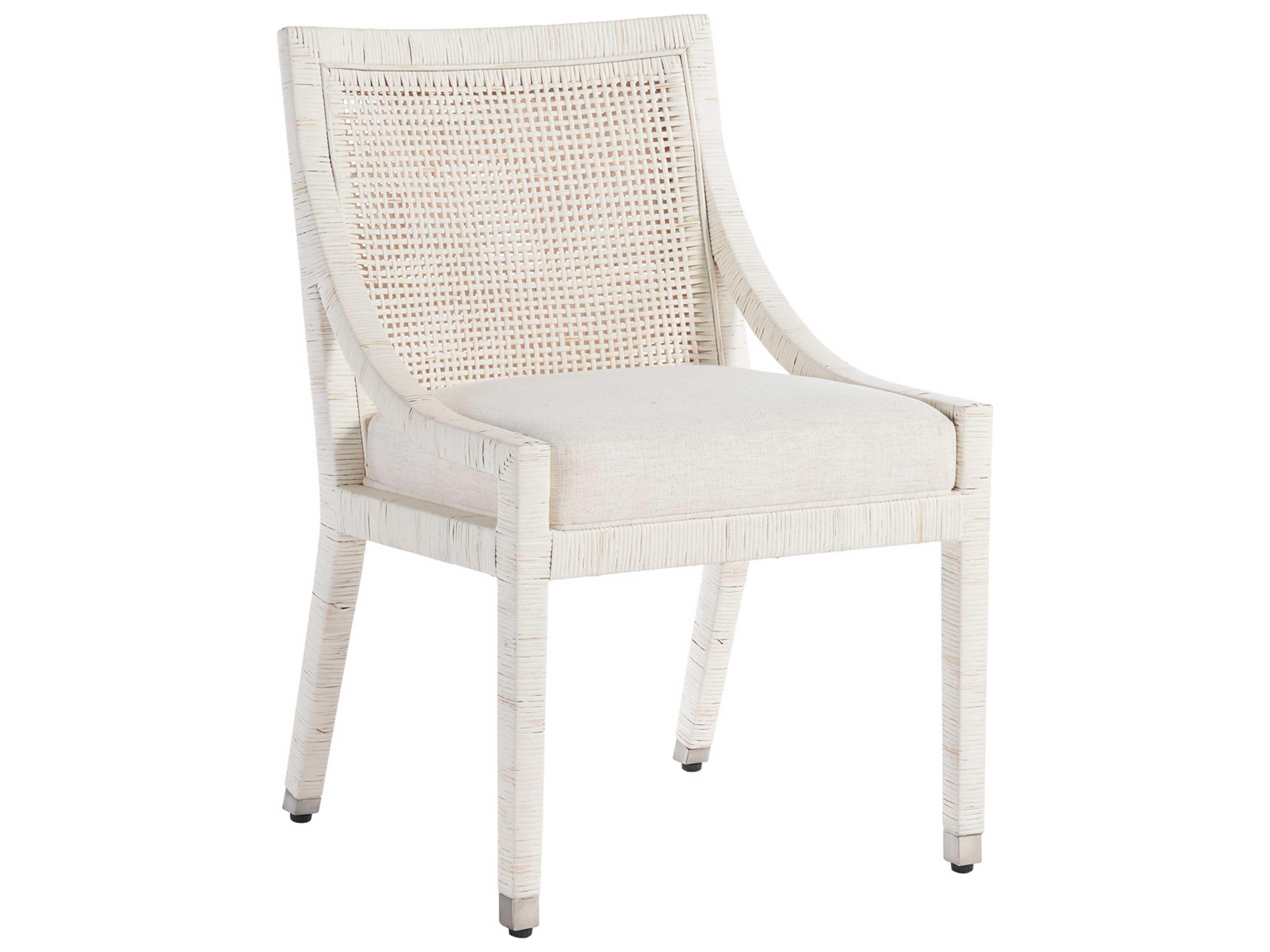 Coastal Living Home Weekender Rattan White Upholstered Arm Dining Chair