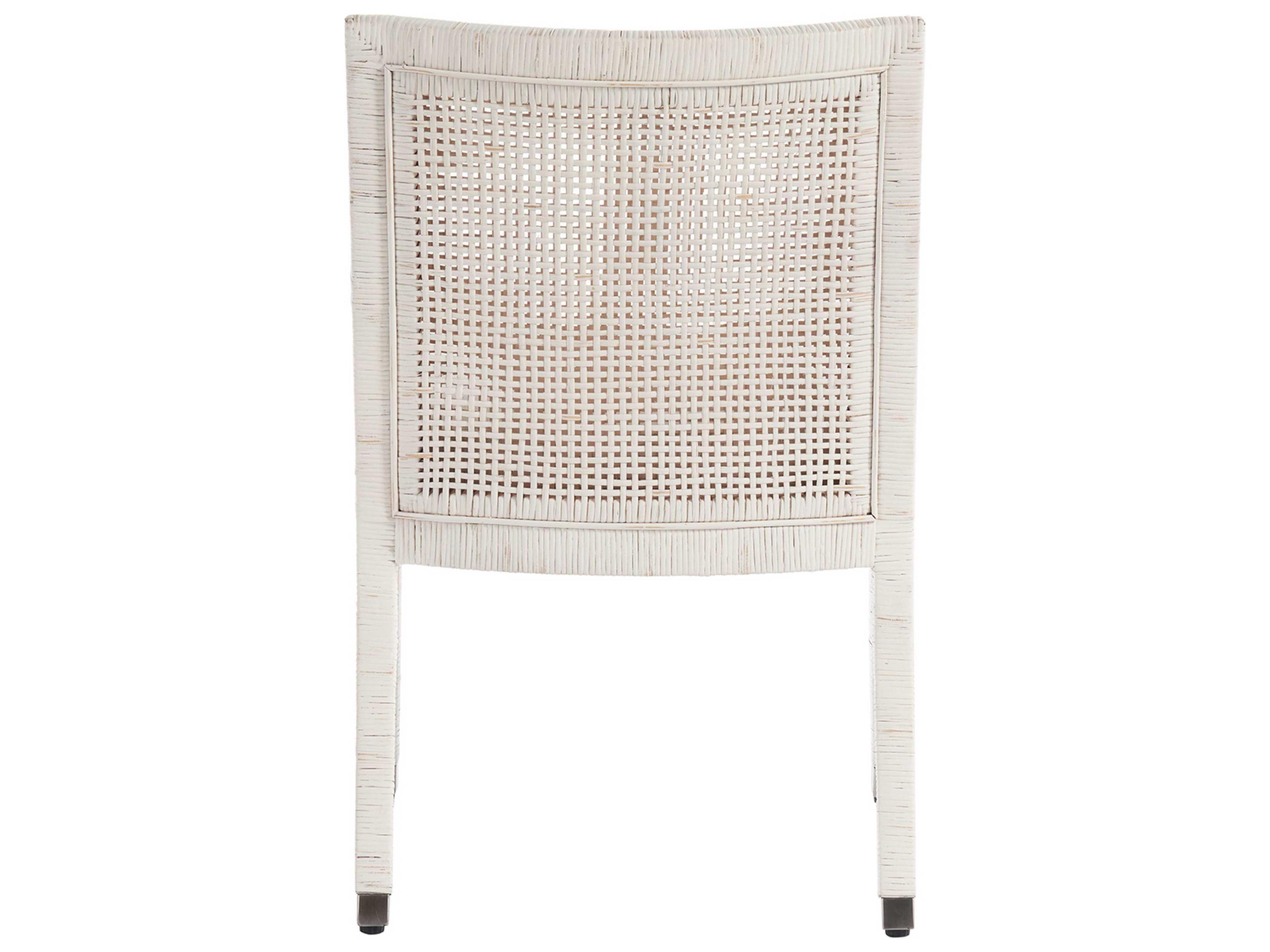 Coastal Living Home Weekender Rattan White Upholstered Arm Dining Chair