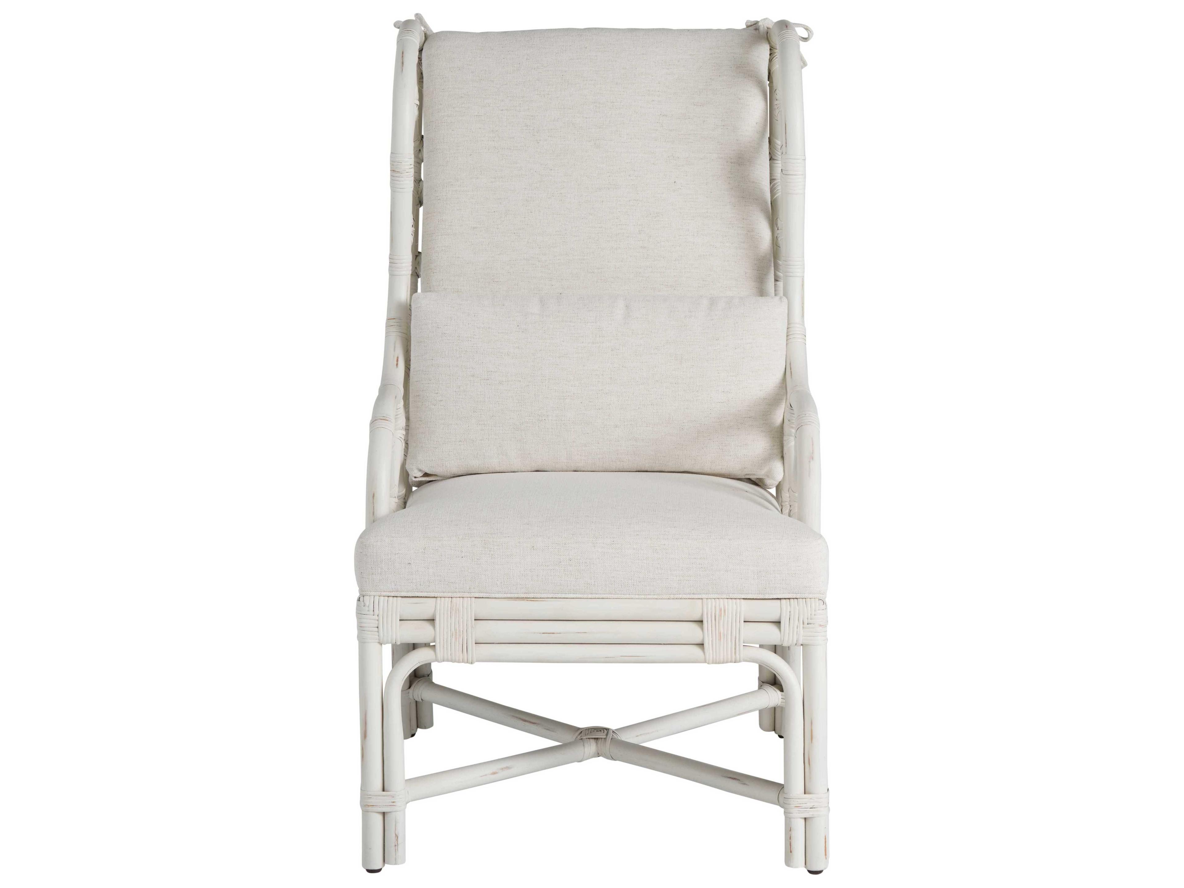 Coastal Living Home Weekender Rattan White Upholstered Arm Dining Chair