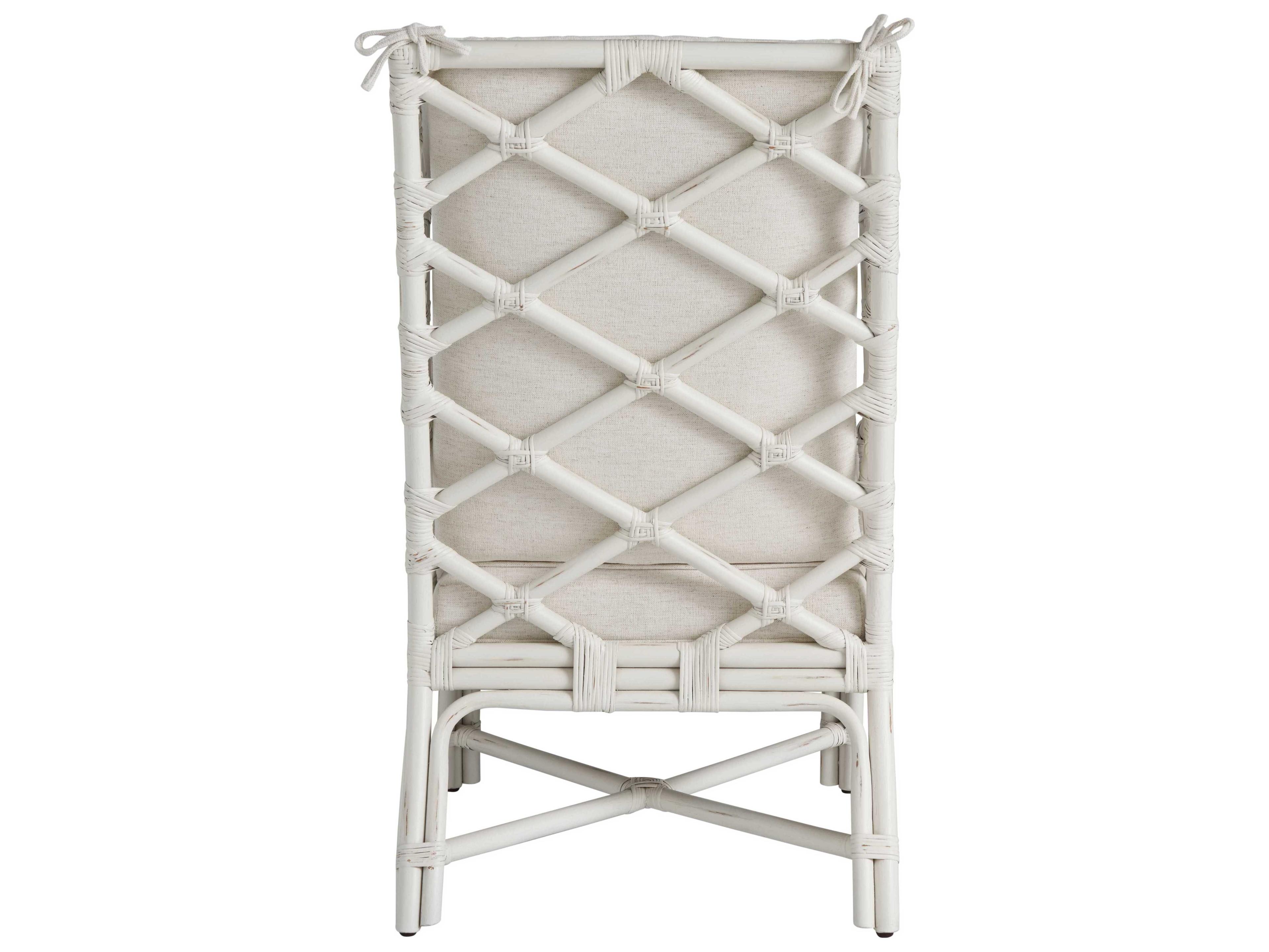 Coastal Living Home Weekender Rattan White Upholstered Arm Dining Chair
