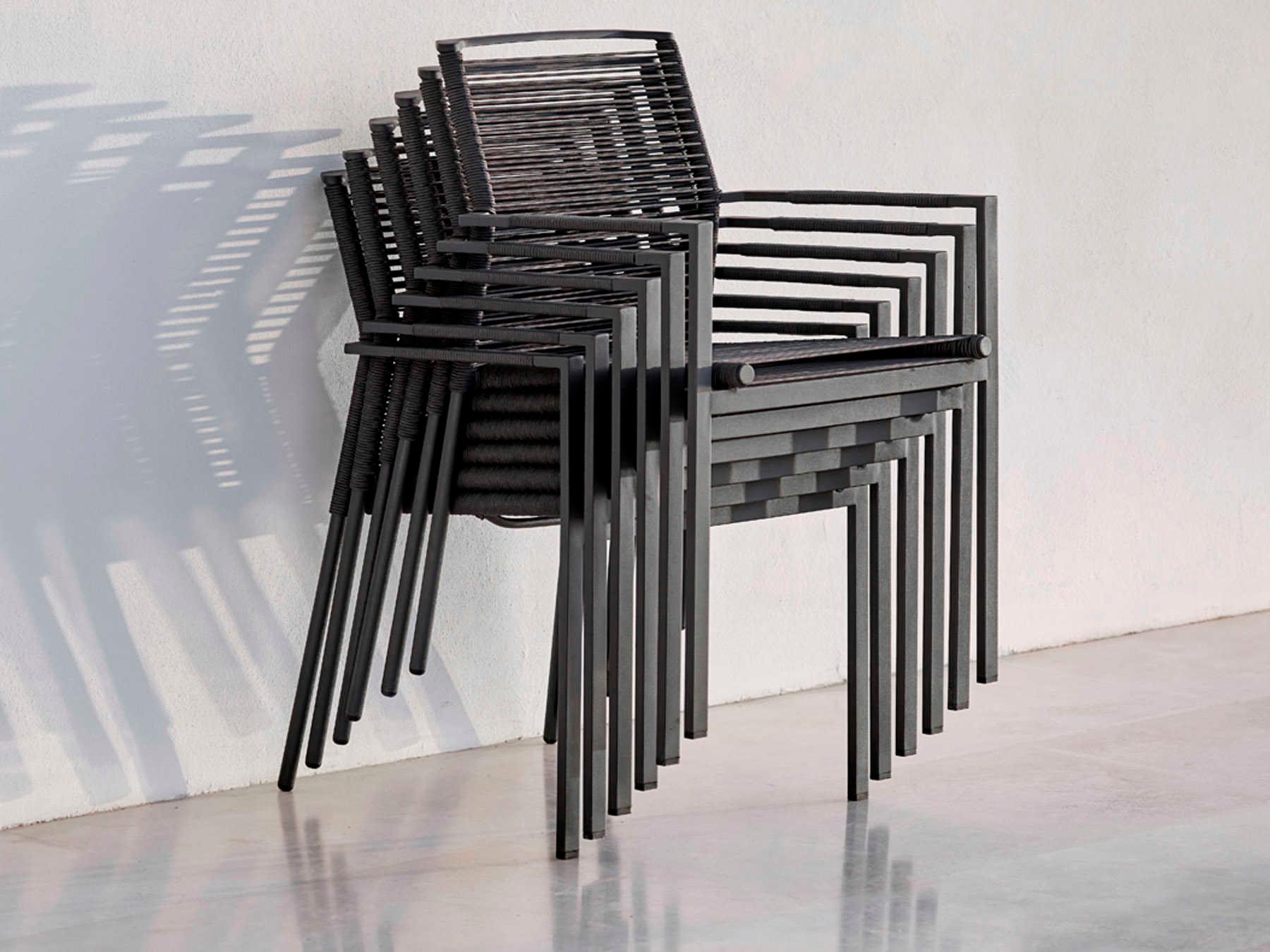 Cane Line Outdoor Edge Anthracite Aluminum Rope Strap Stackable Dining Arm Chair