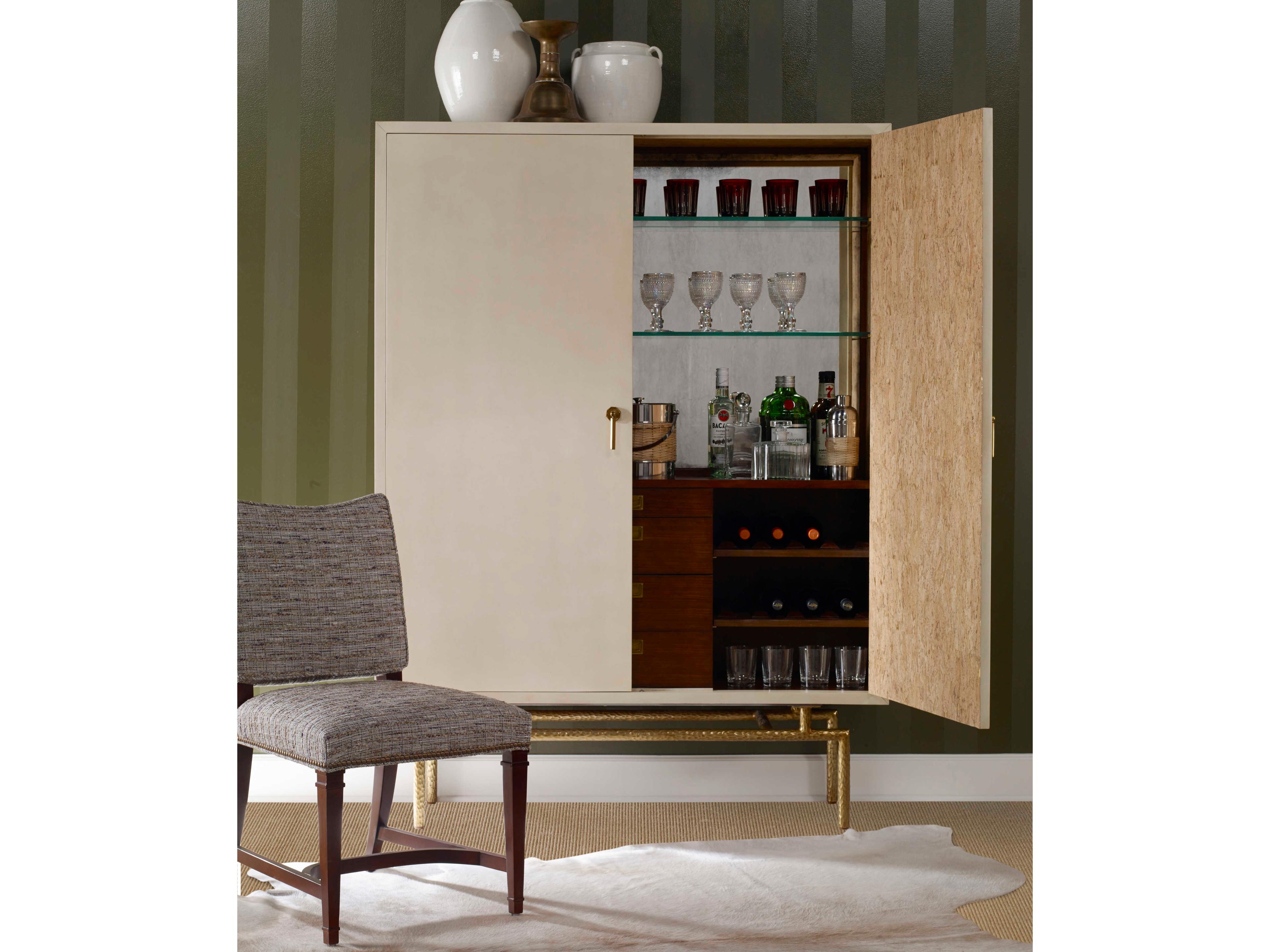 Century Furniture Beige Faux Parchment With Bronze Wine Bar Cabinet