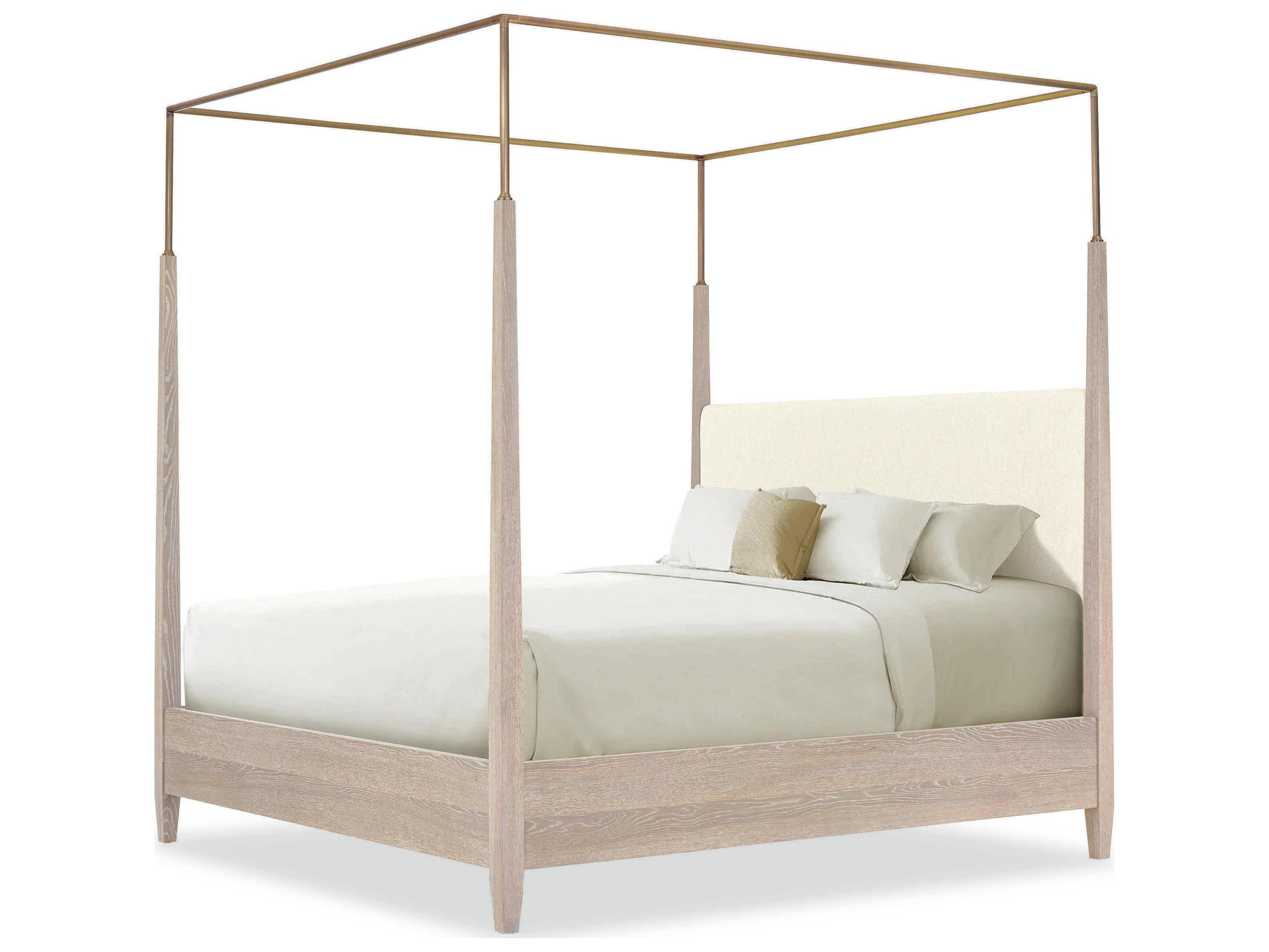 Century Furniture Cadence Sand Cerused Antique Brass Beige Oak Wood King Canopy Bed