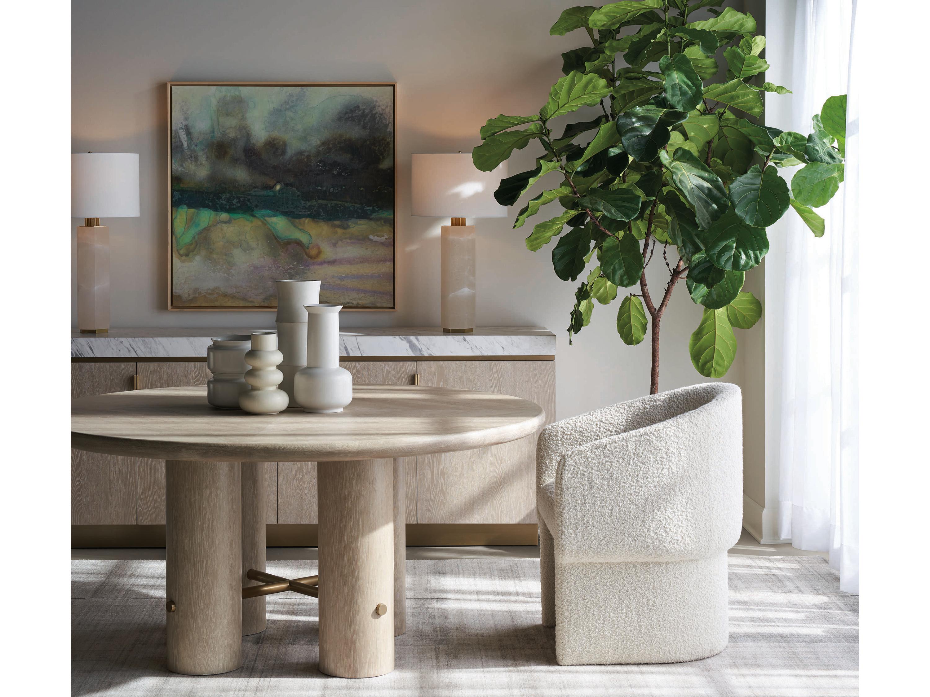 Century Furniture Cadence Round Wood Sand Cerused Antique Brass Dining Table