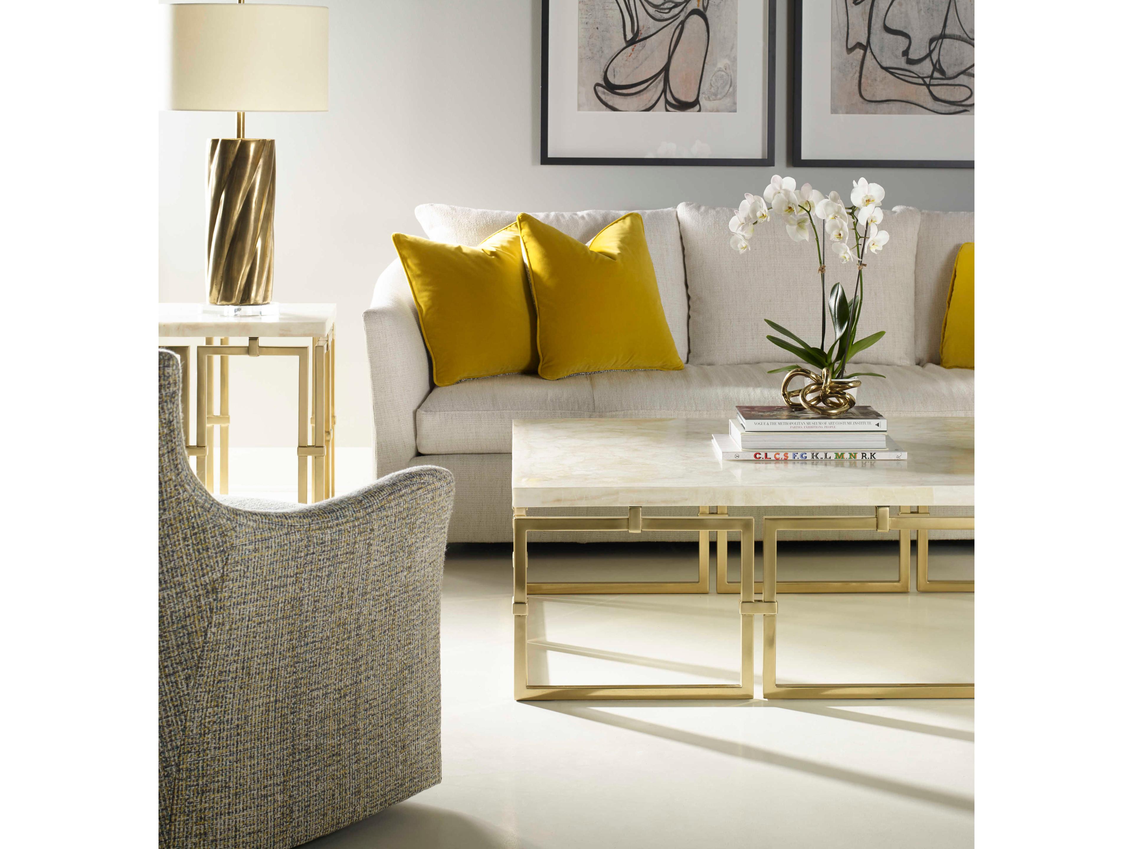 Century Furniture Grand Tour Rectangular Crystal Stone Brass Coffee Table