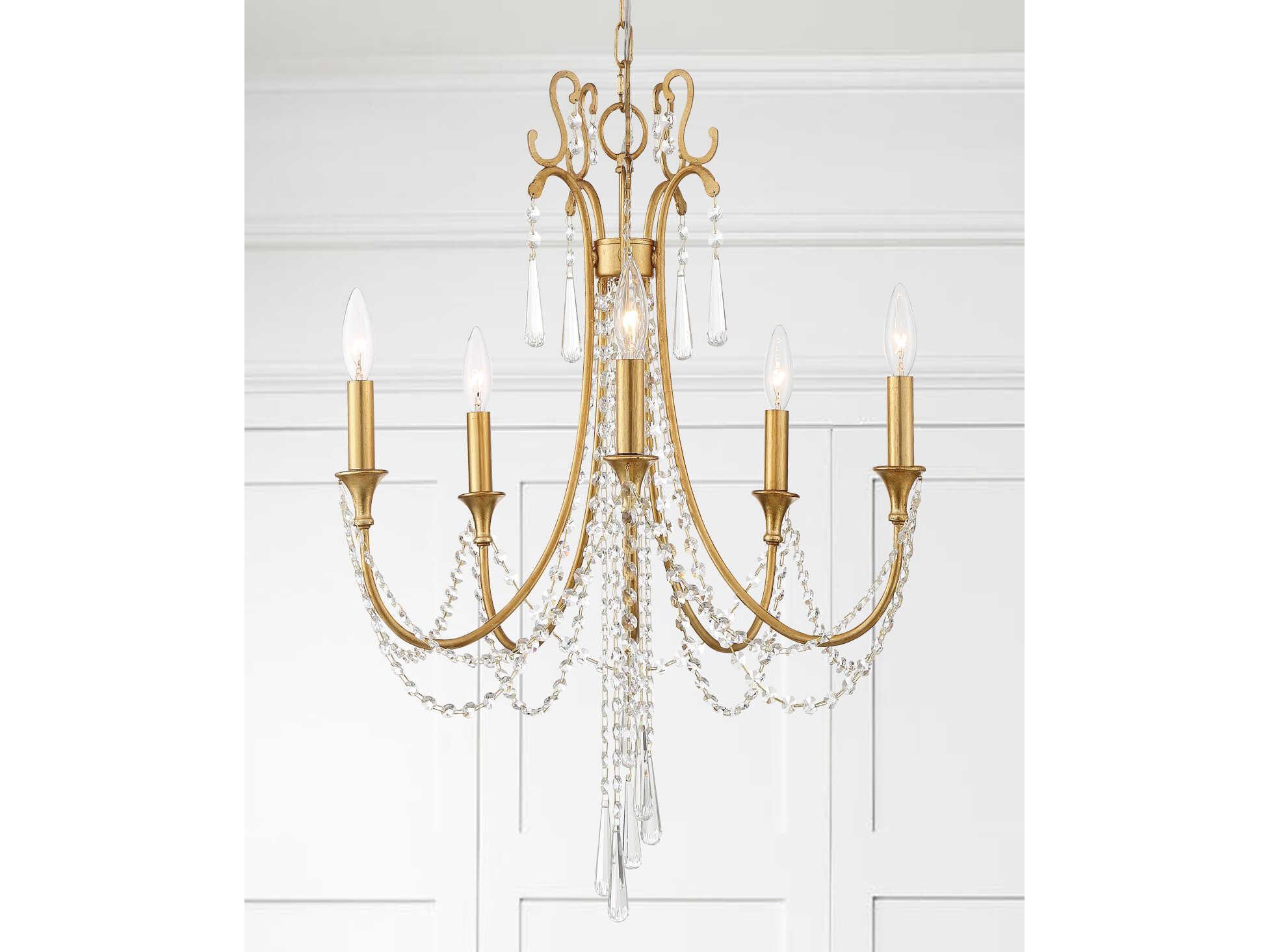 Crystorama Arcadia 5-Light Antique Gold Steel Crystal Candelabra Chandelier