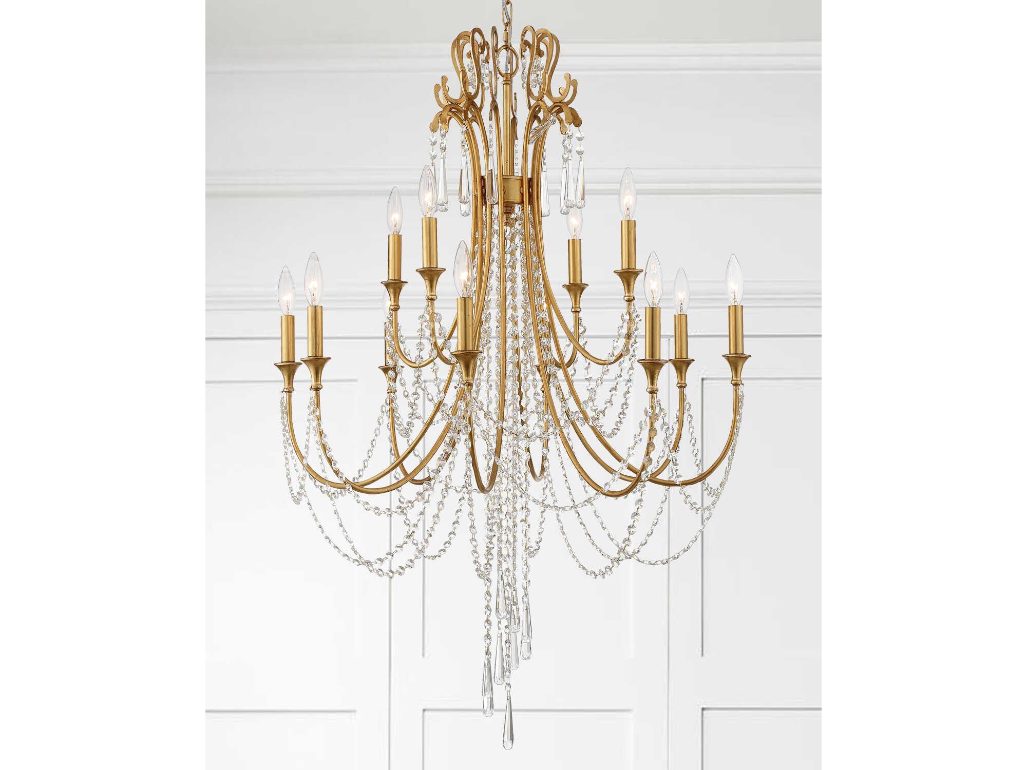Crystorama Arcadia 12-Light Antique Gold Crystal Candelabra Tiered Chandelier