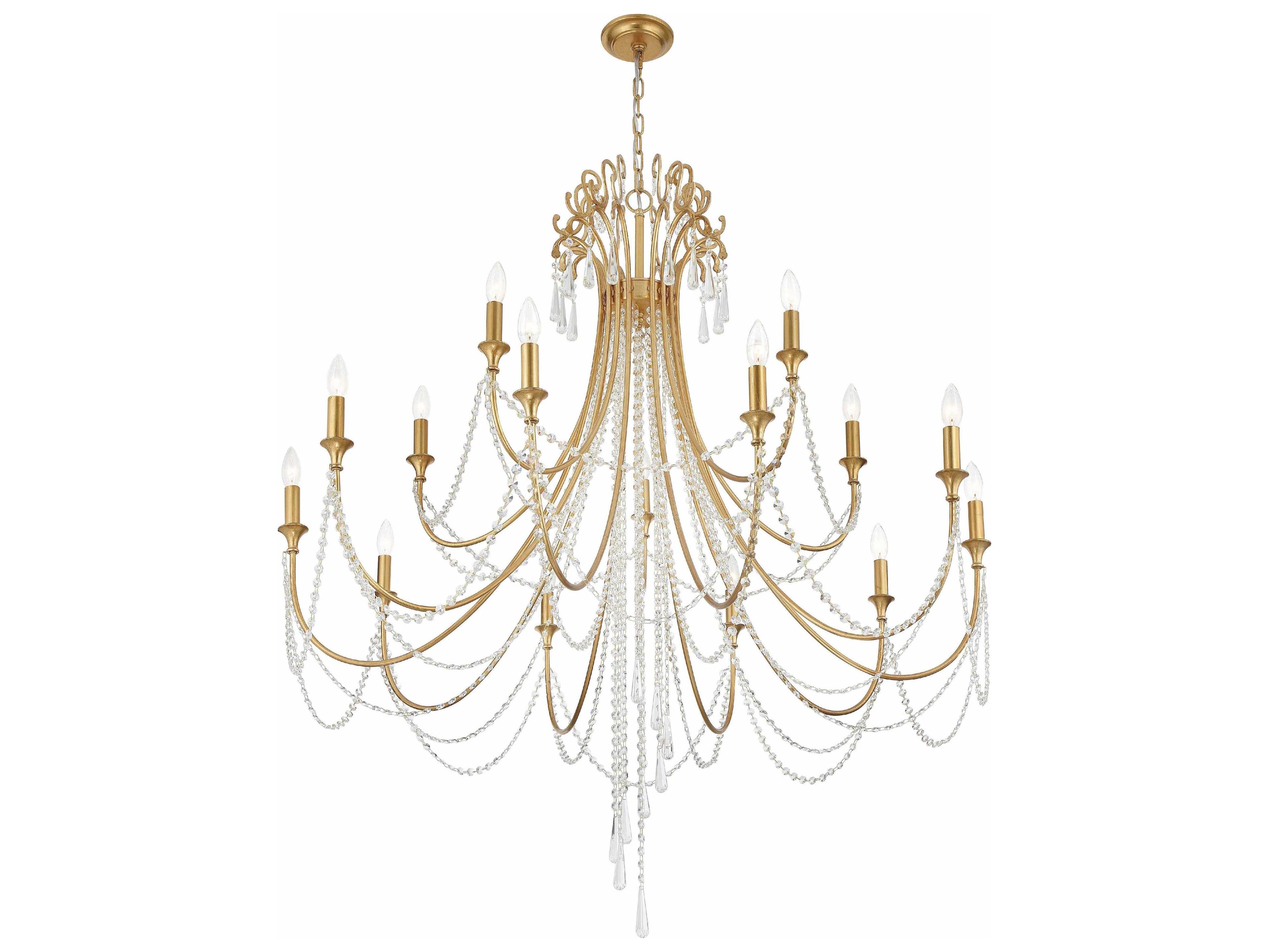 Crystorama Arcadia 15-Light Antique Gold Steel Crystal Candelabra Tiered Chandelier
